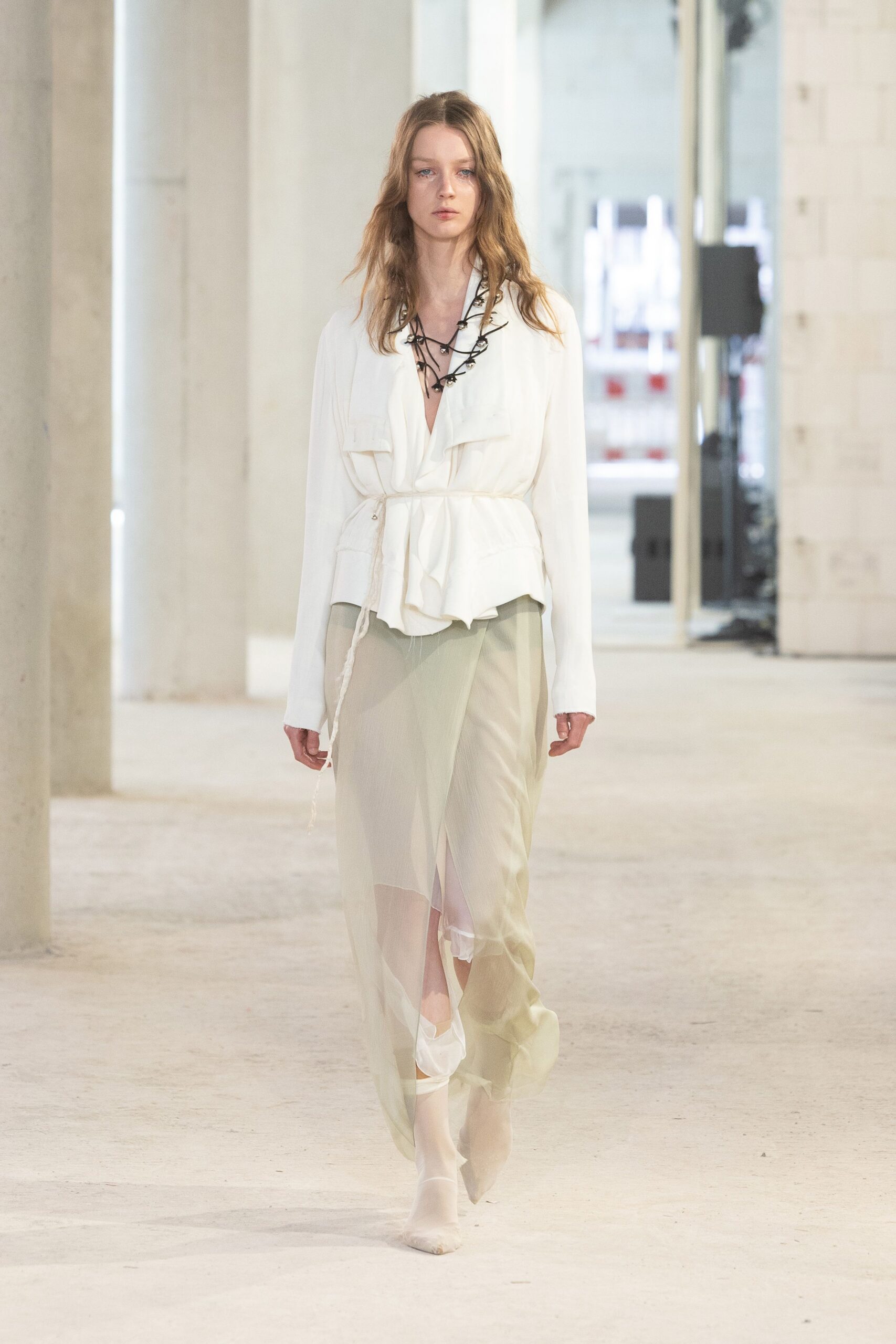 white silk blouse beige chiffon skirt