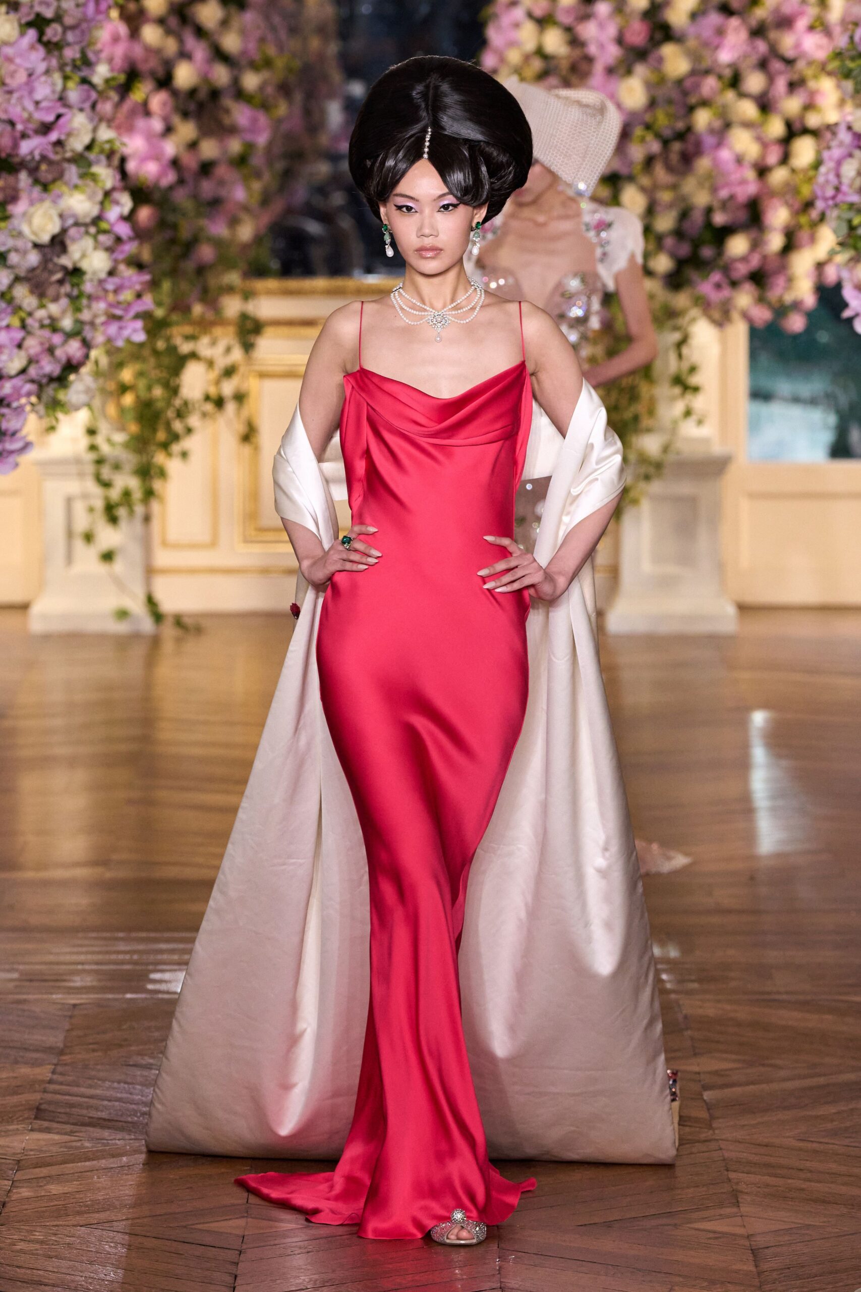 red silk sleeveless v-neck fitted draped maxi gown