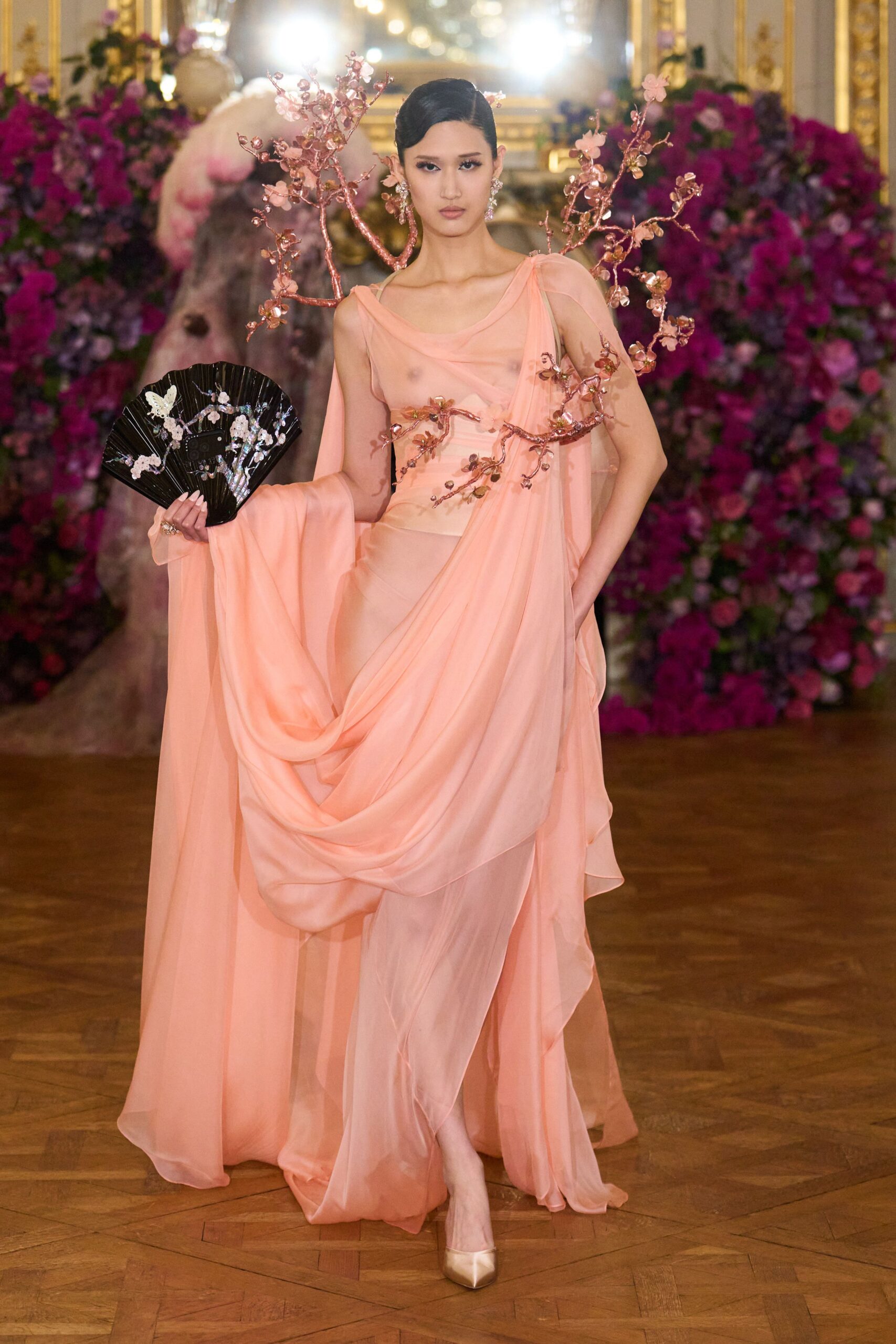 pink silk sleeveless v-neck fitted draped flowing gown