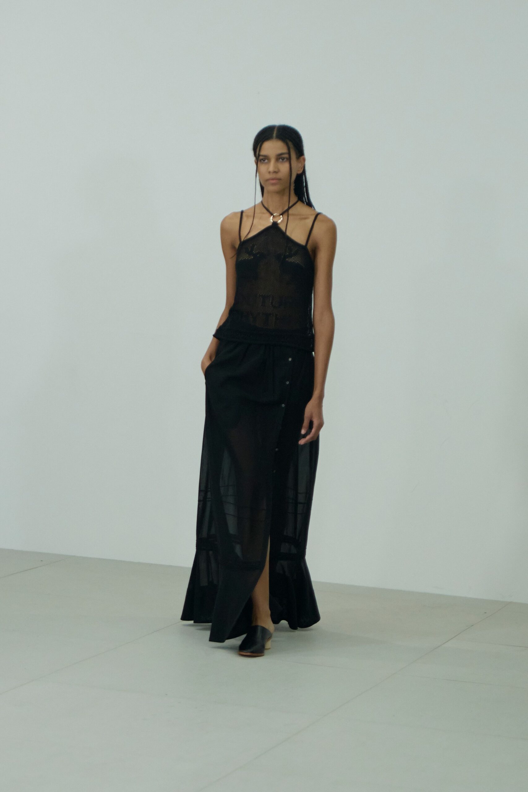 black silk top and skirt