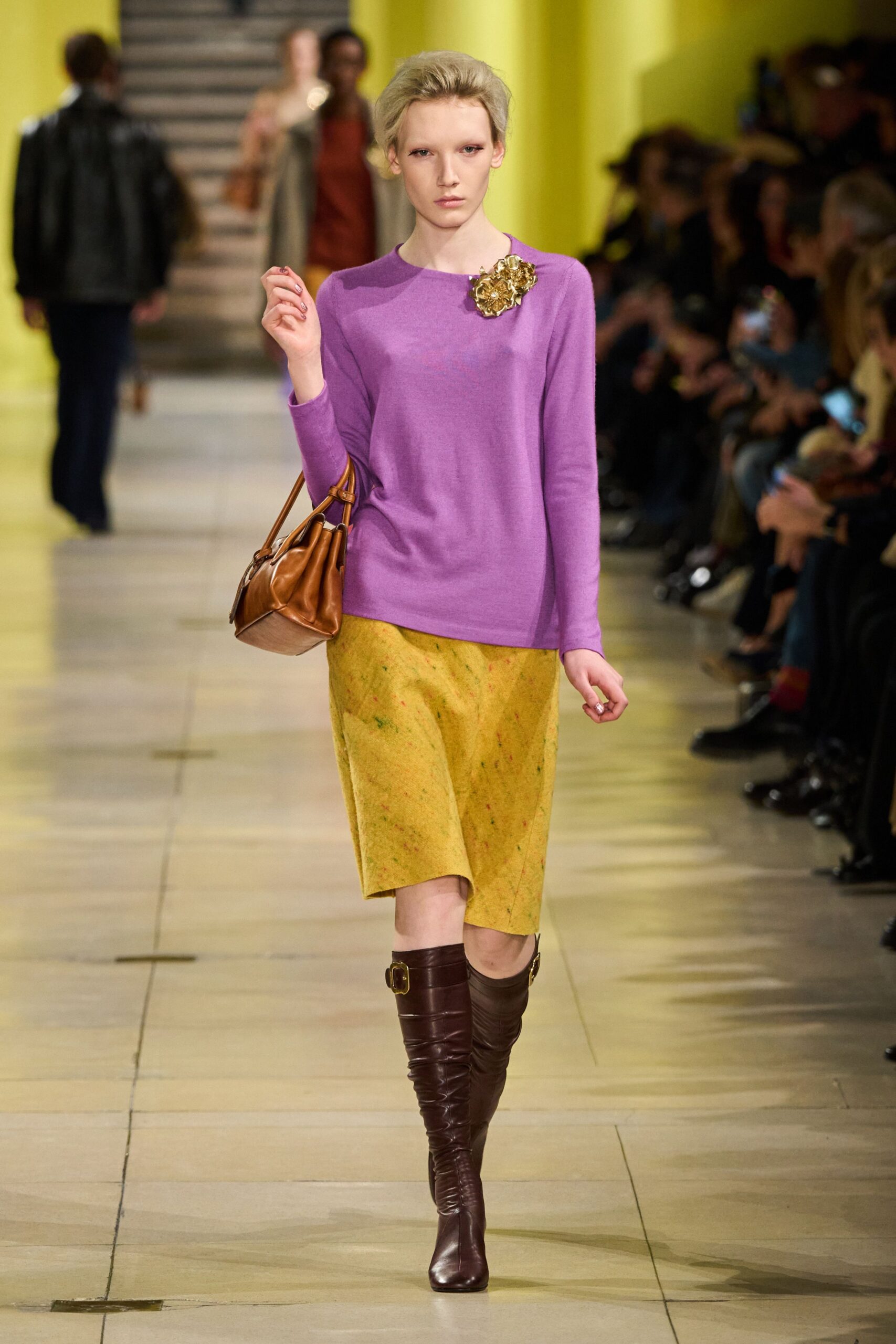 purple fitted top with yellow pencil skirt