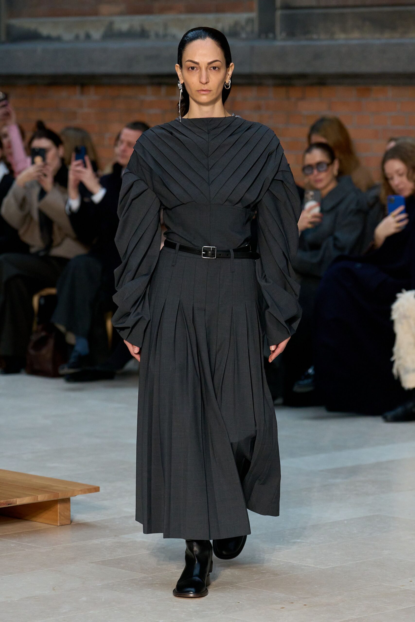gray cotton long-sleeve collared fitted pleated belted dress