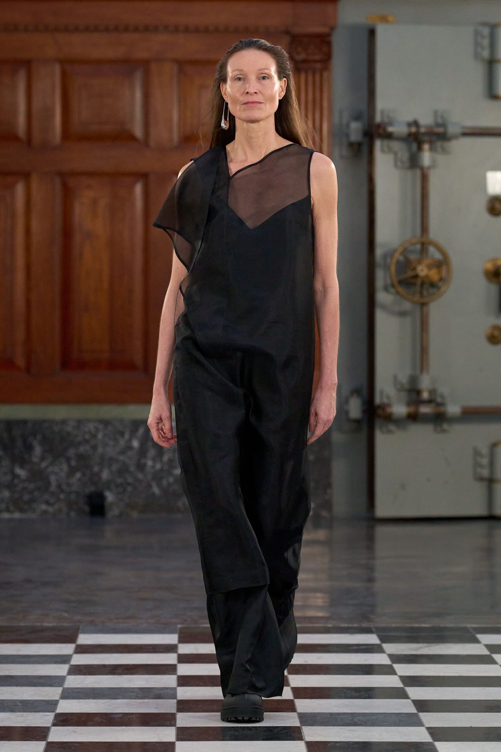 black cotton sleeveless v-neck relaxed layered sheer jumpsuit