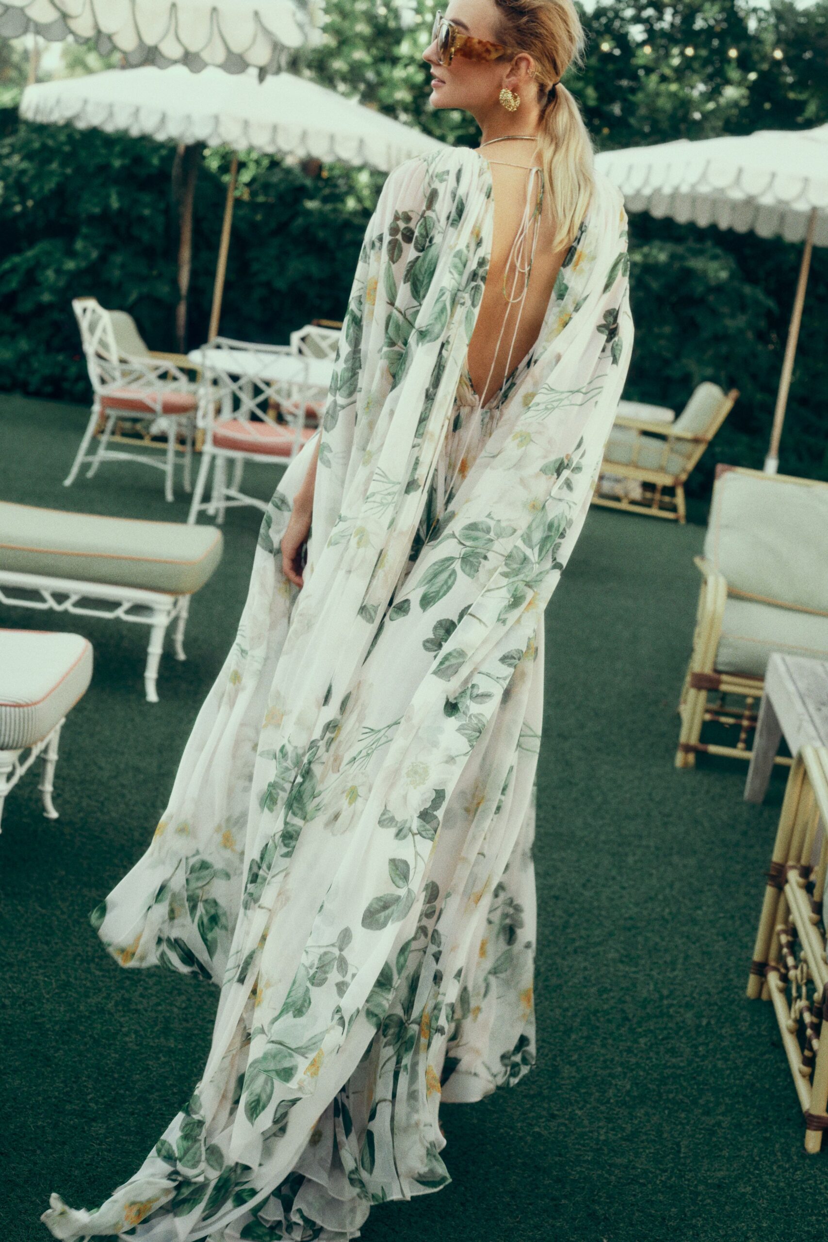 floral silk backless gown
