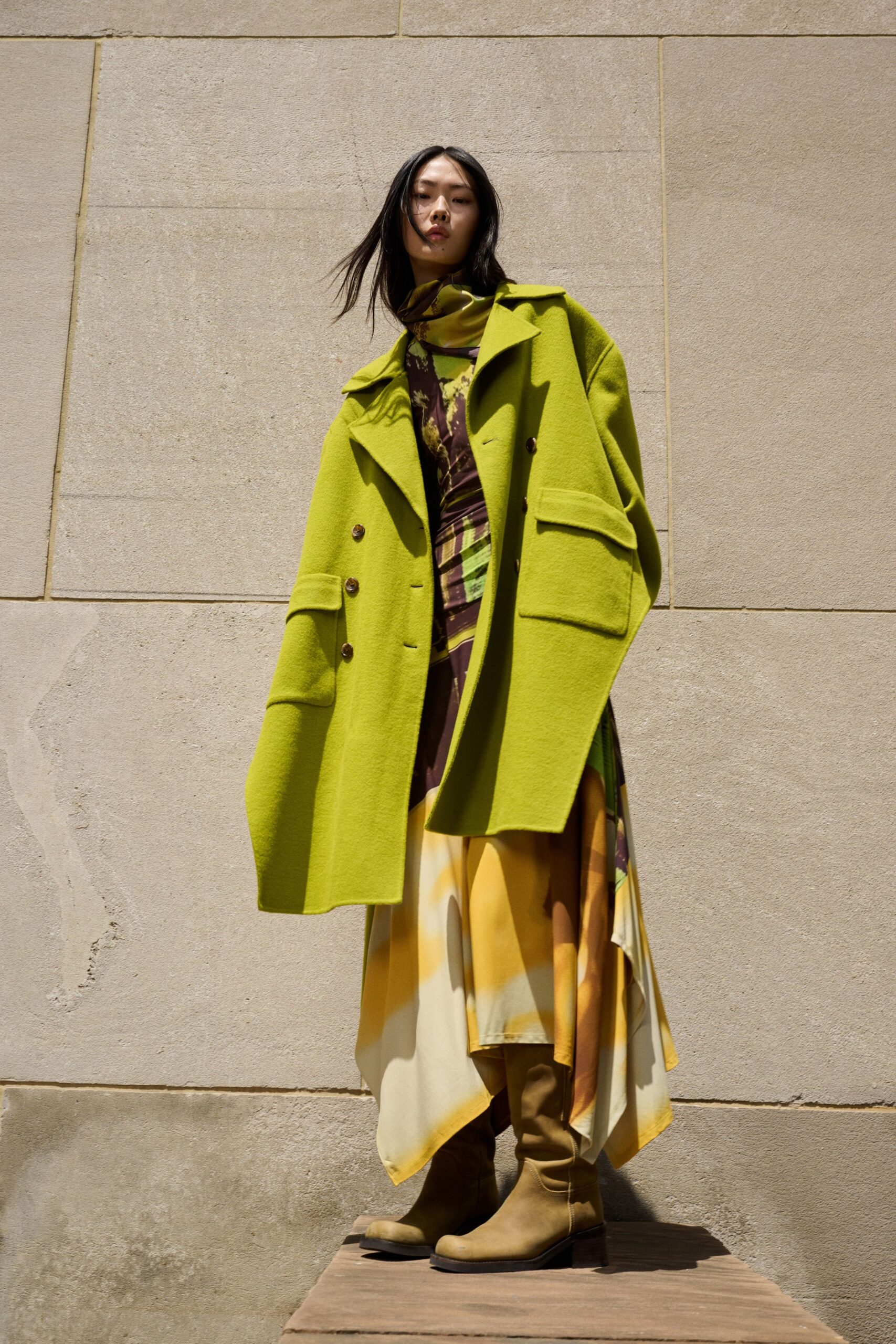 green oversized coat with maxi dress