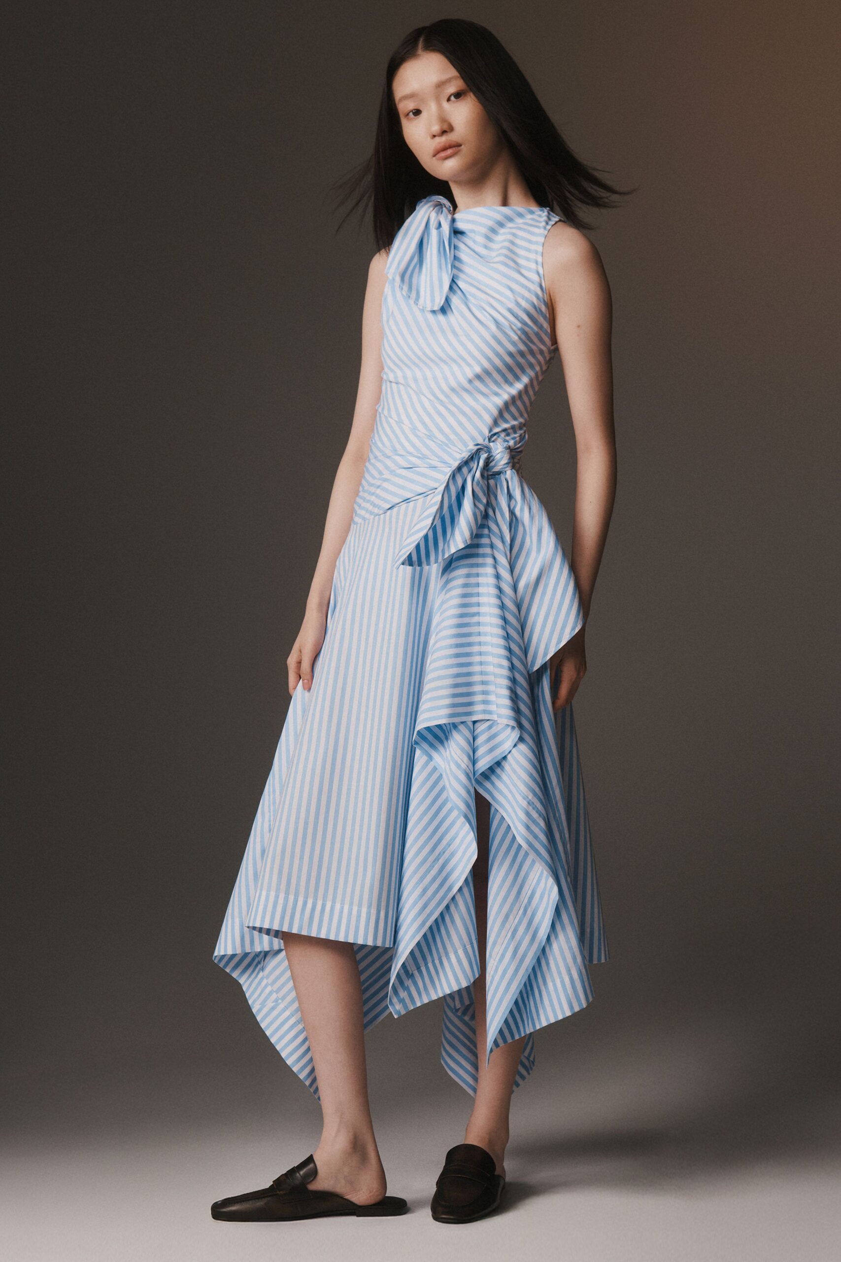 blue cotton sleeveless high-neck fitted striped draped dress