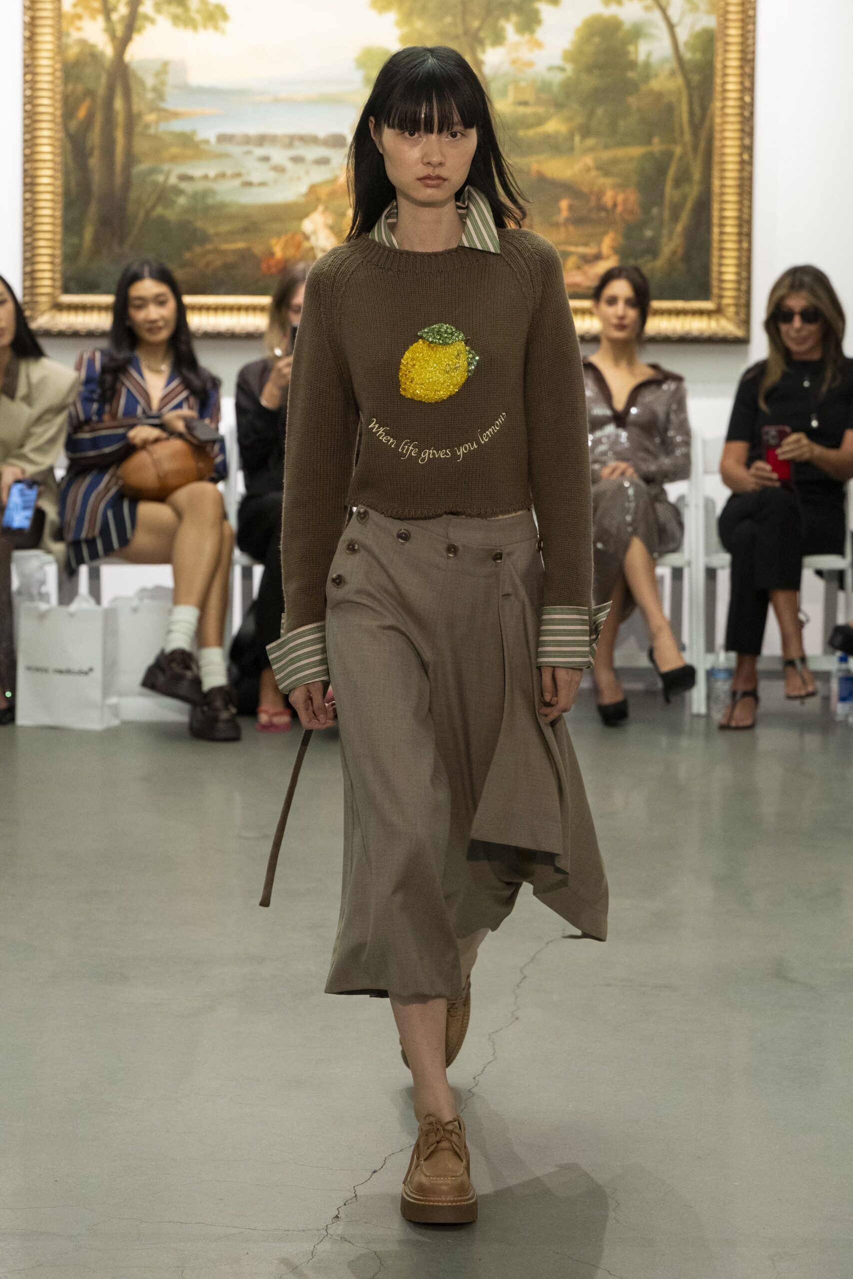 brown cotton long-sleeve collared relaxed embroidered sweater