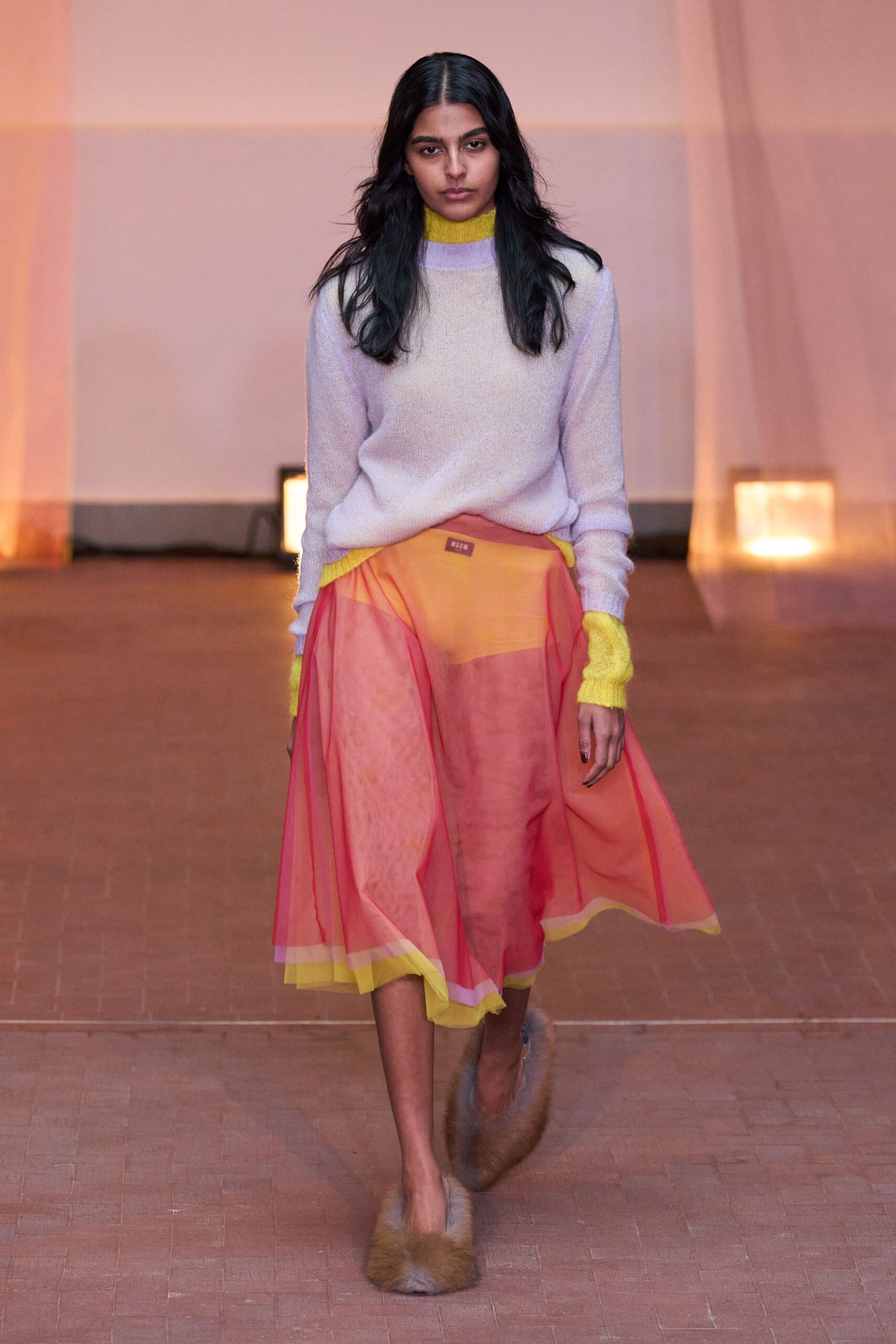 orange silk relaxed high-waisted layered sheer skirt