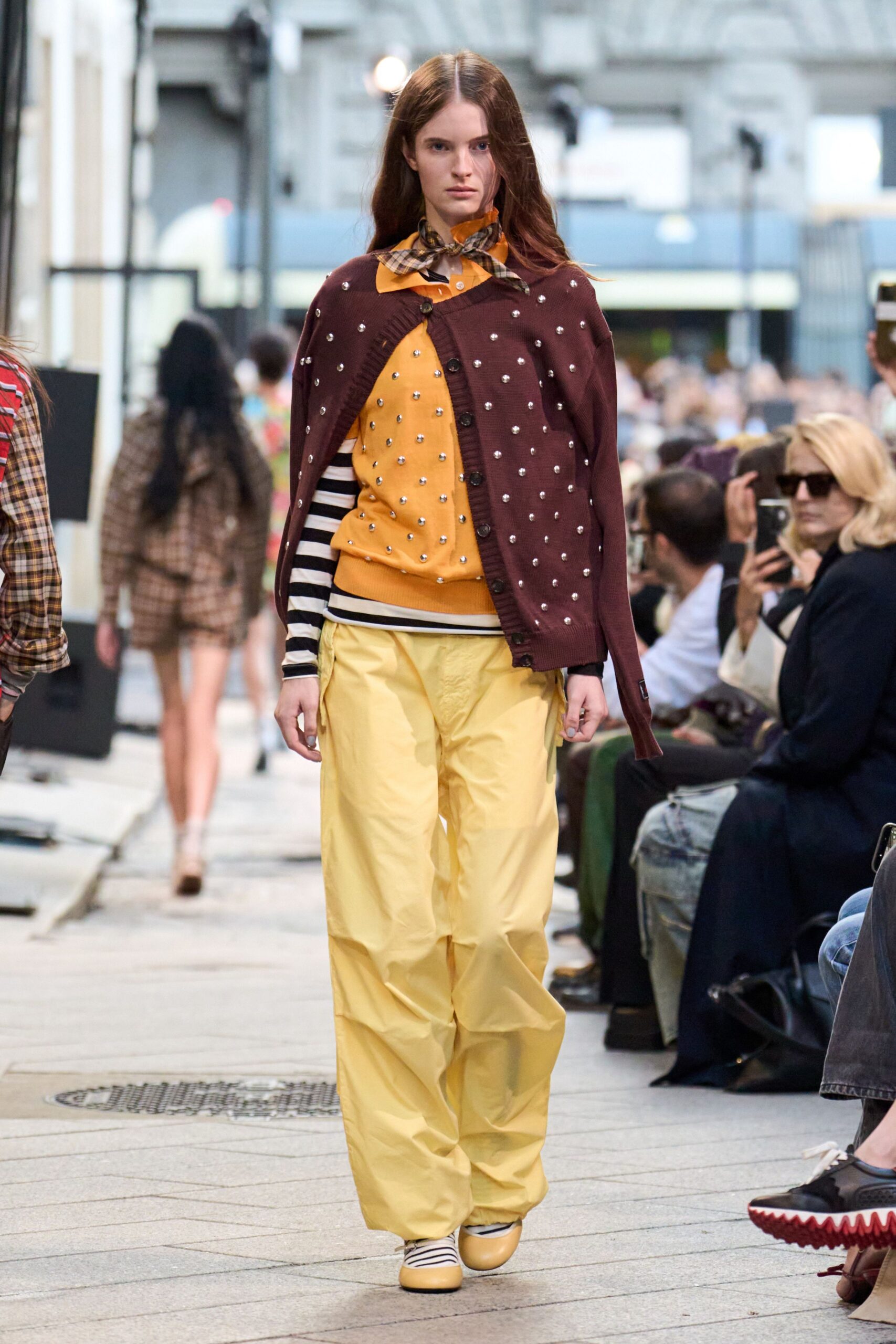orange long-sleeve collared relaxed beaded sweater