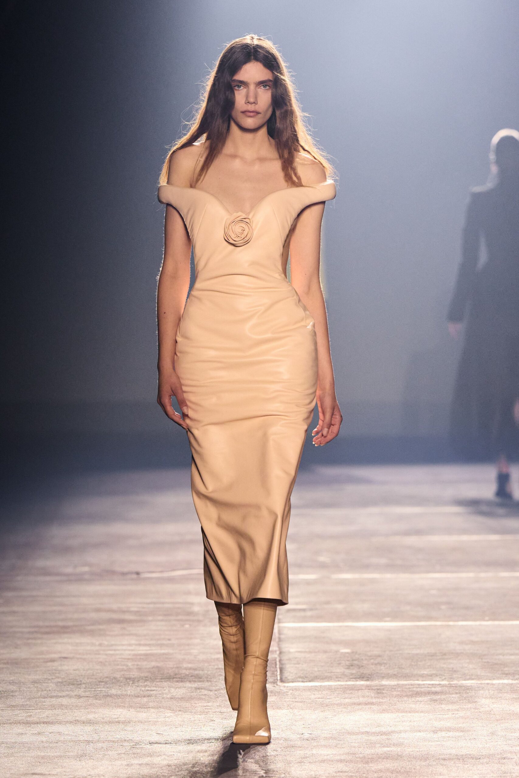 beige leather off-shoulder slit fitted ruched midi dress