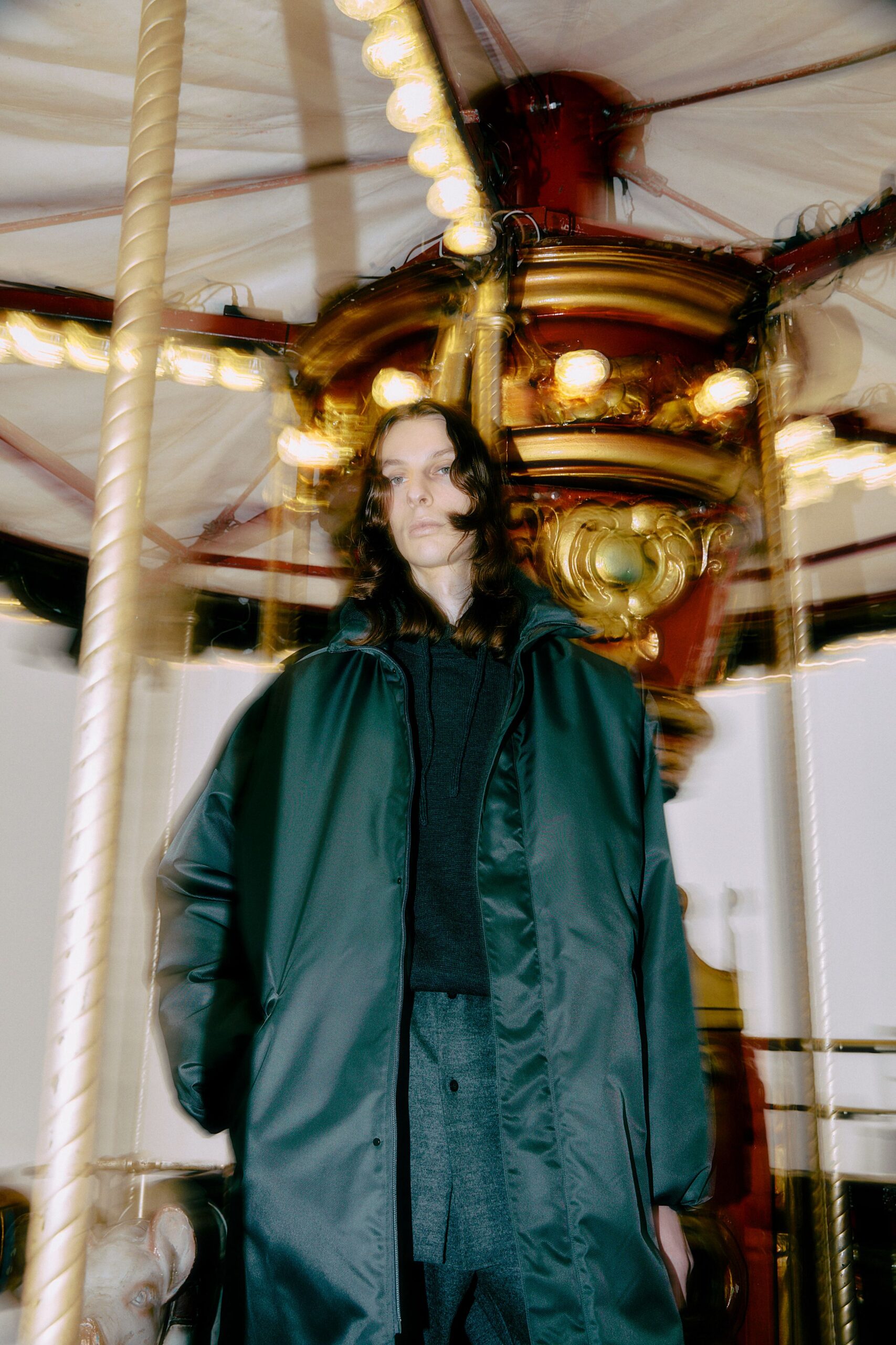 black vinyl long-sleeve collared oversized coat