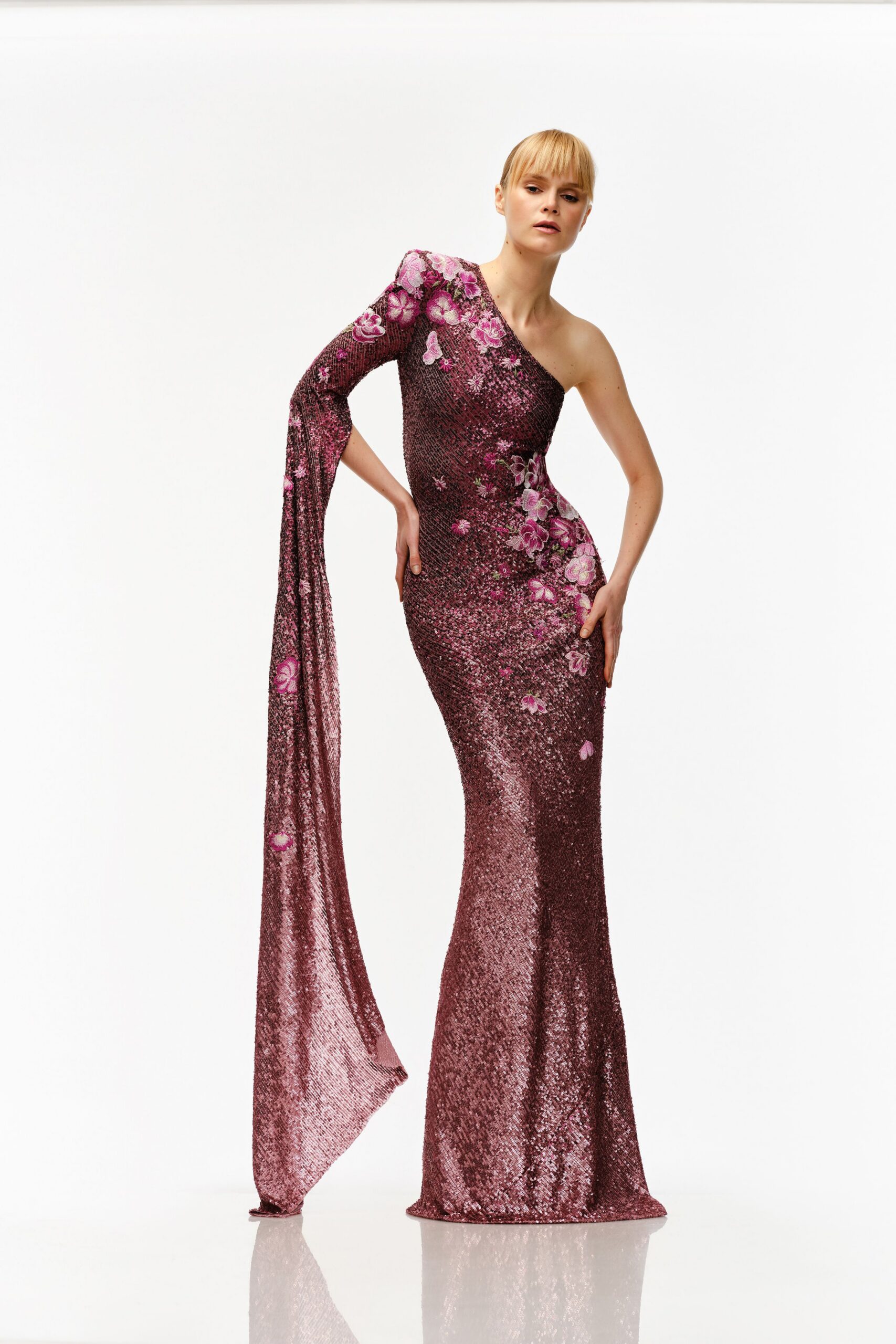 pink purple sequin off-shoulder gown