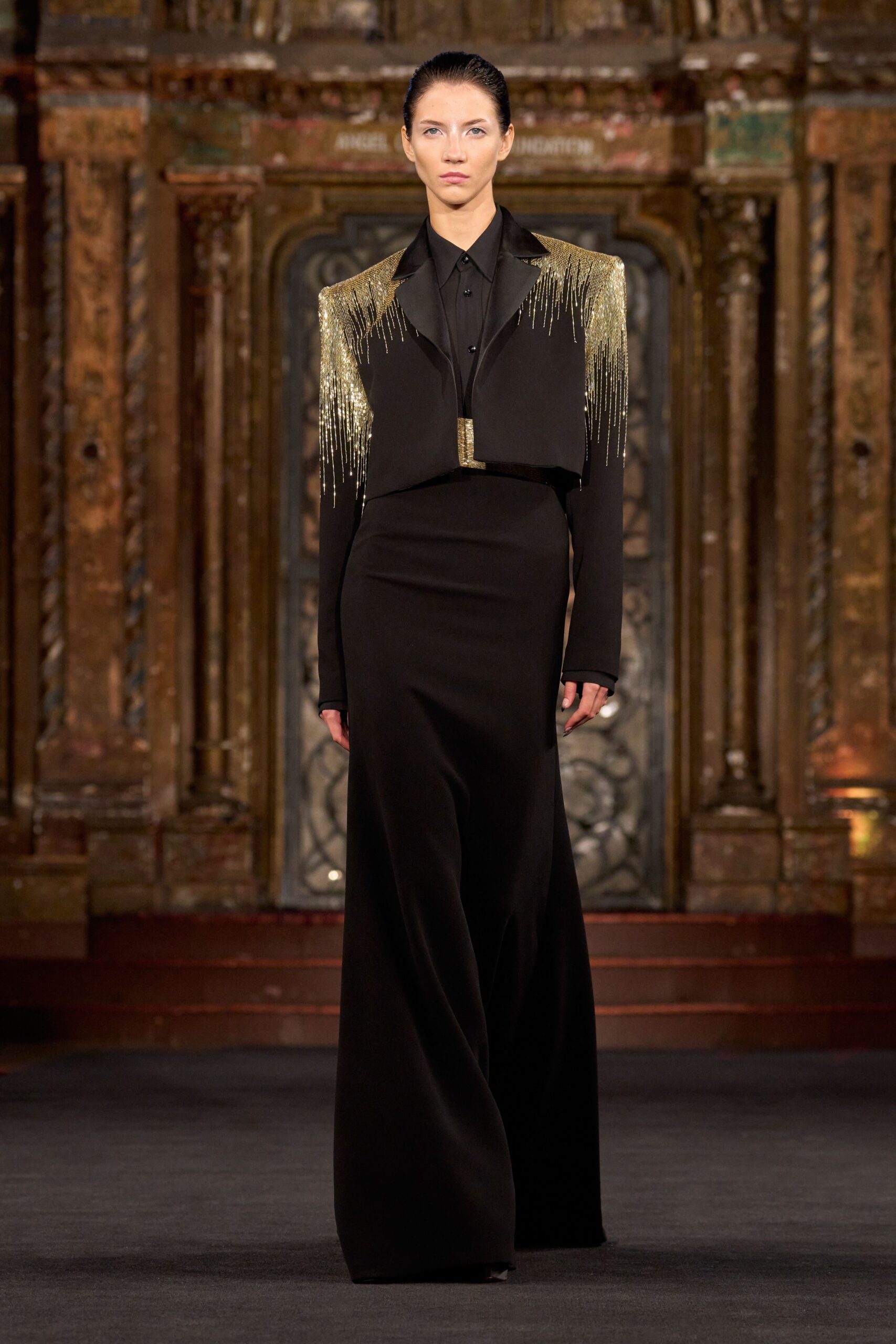 black wool long-sleeve v-neck fitted straight-leg maxi dress