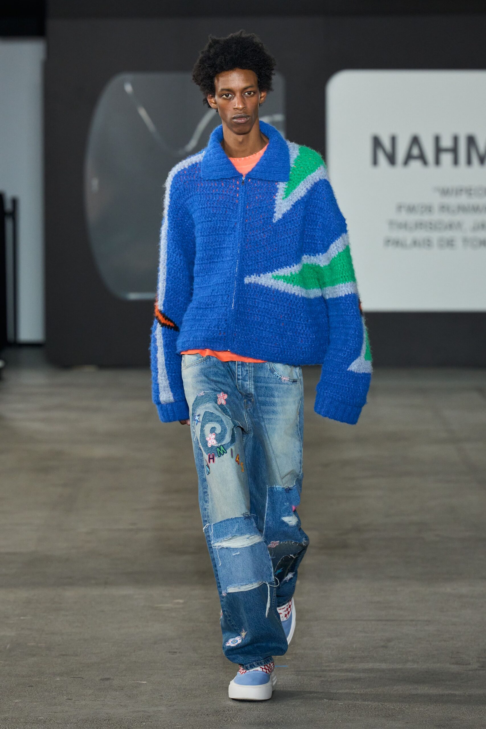 blue wool long-sleeve collared oversized layered sweater