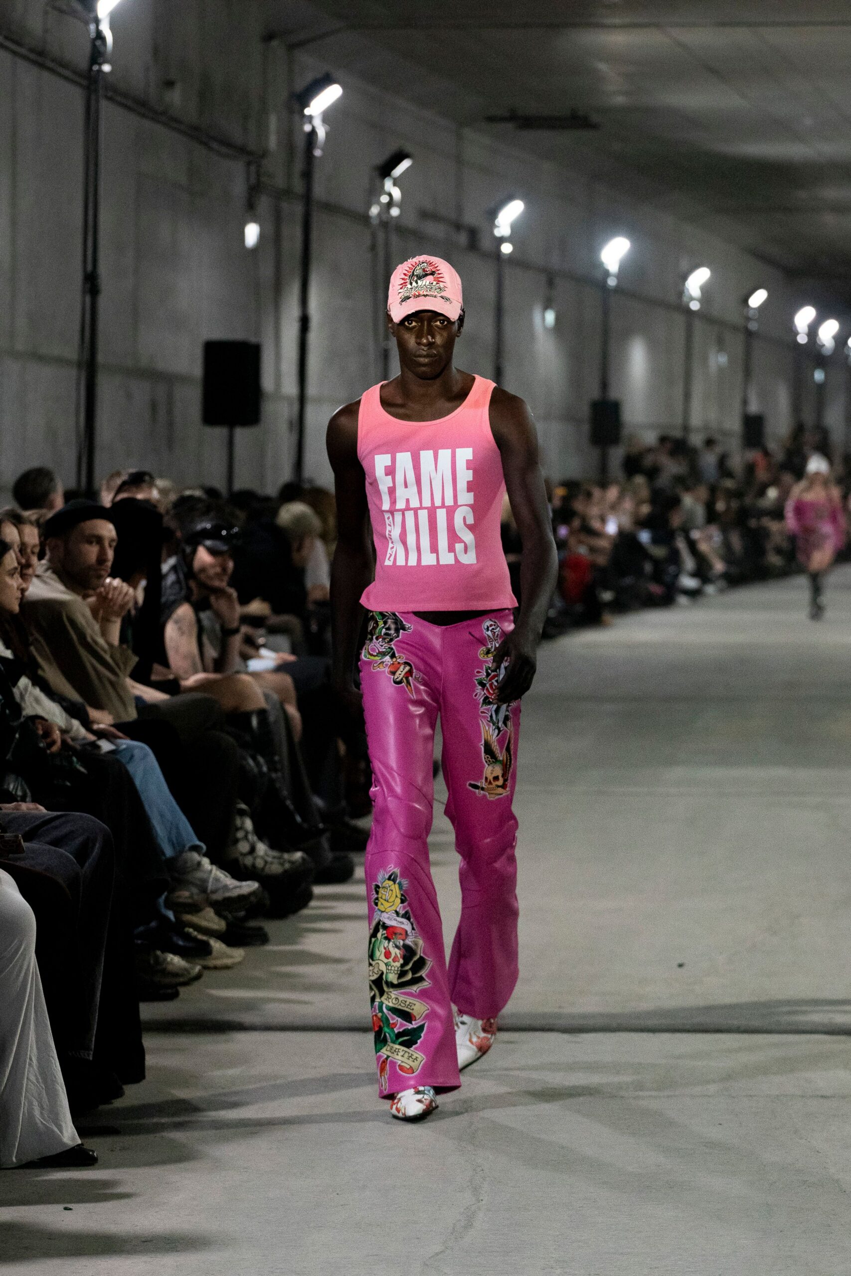 pink cotton sleeveless high-neck fitted printed top