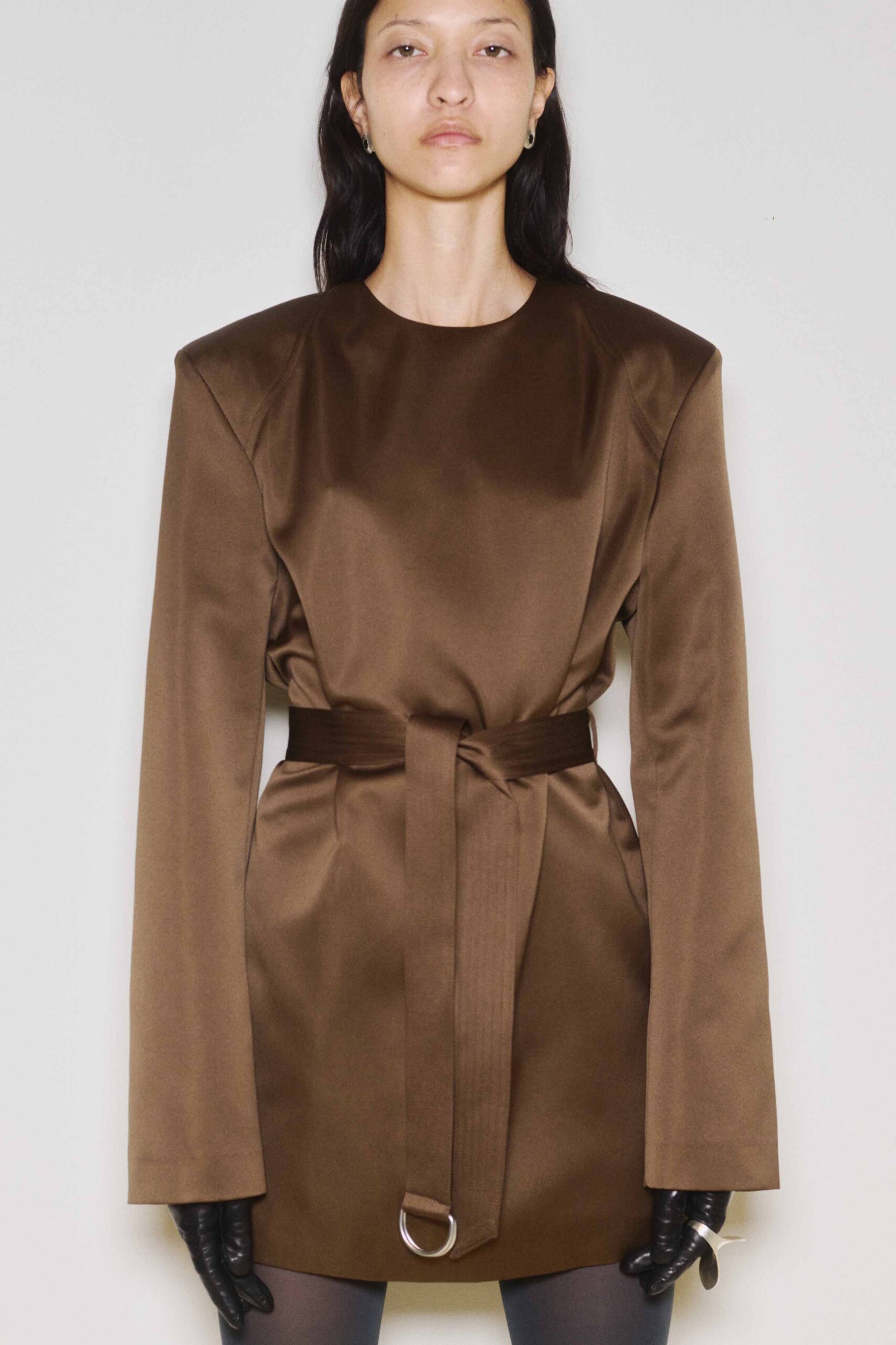 brown silk belted mini dress