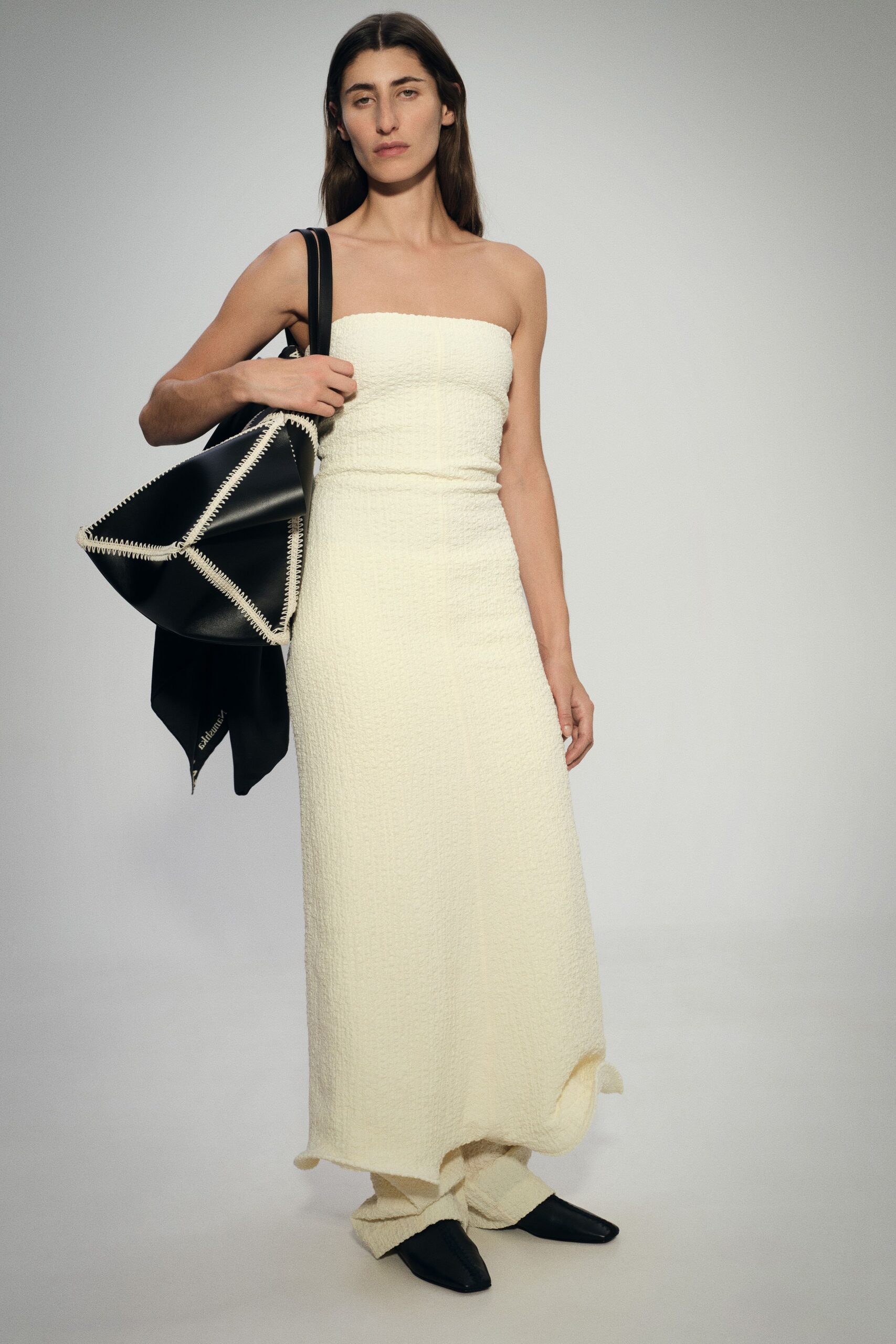 white cotton strapless fitted textured maxi dress