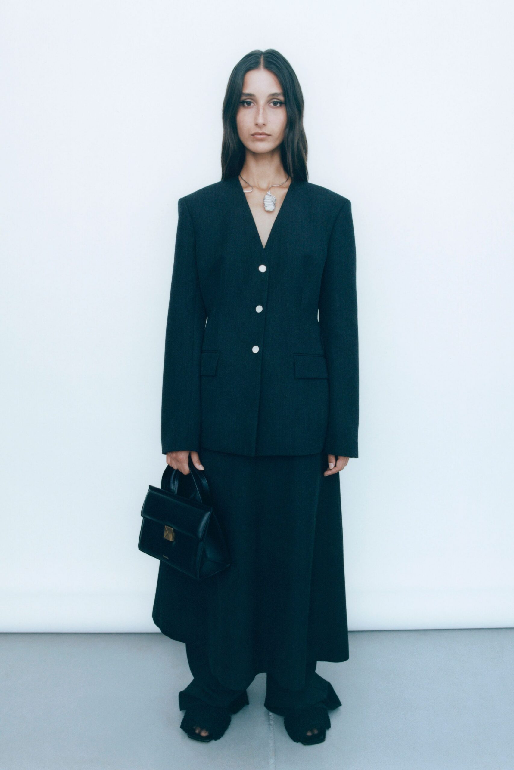 black cotton fitted straight-leg maxi skirt