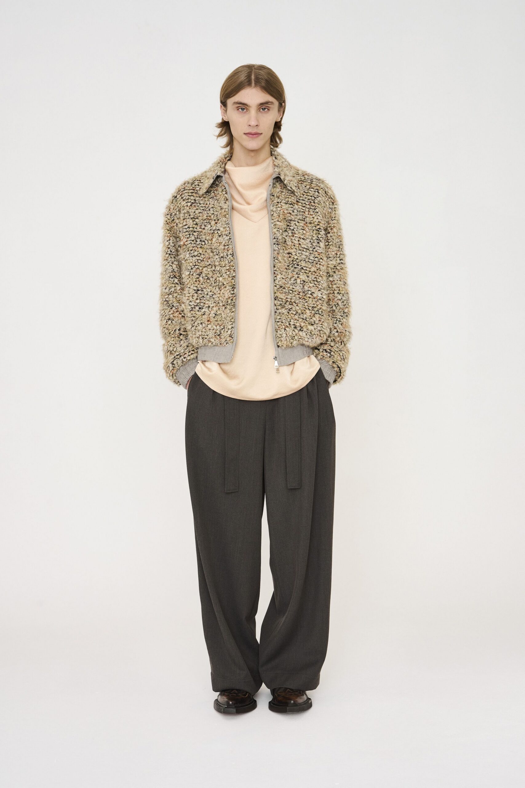 beige wool long-sleeve collared relaxed textured jacket