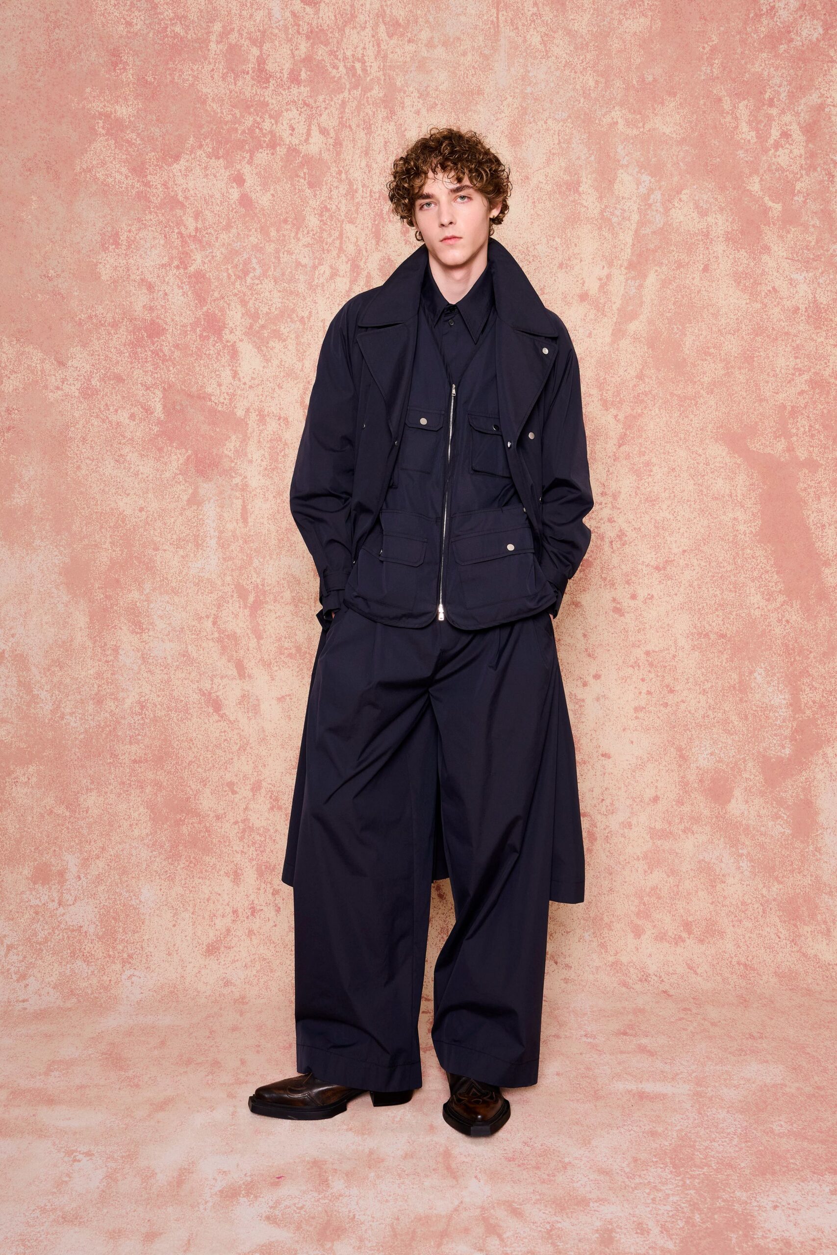 blue cotton long-sleeve collared relaxed zippered buttoned jacket