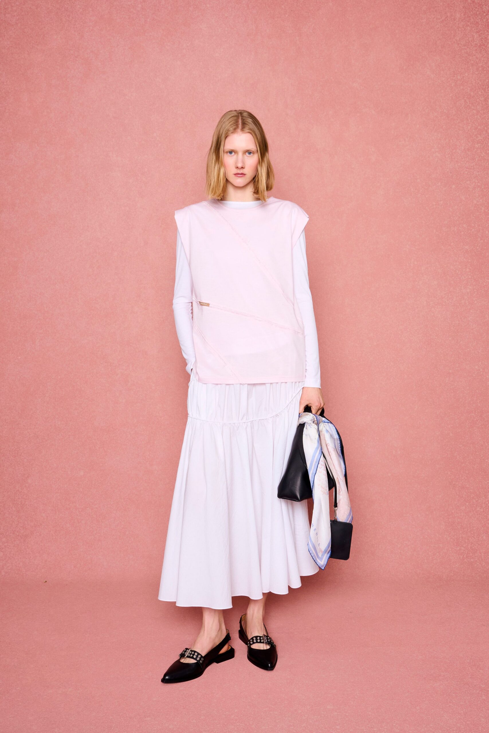 pink cotton long-sleeve collared relaxed layered top