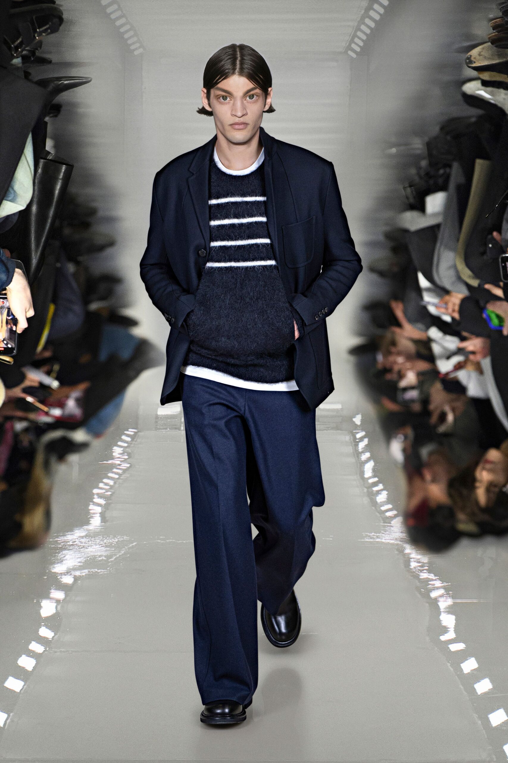 navy tailored blazer with sweater