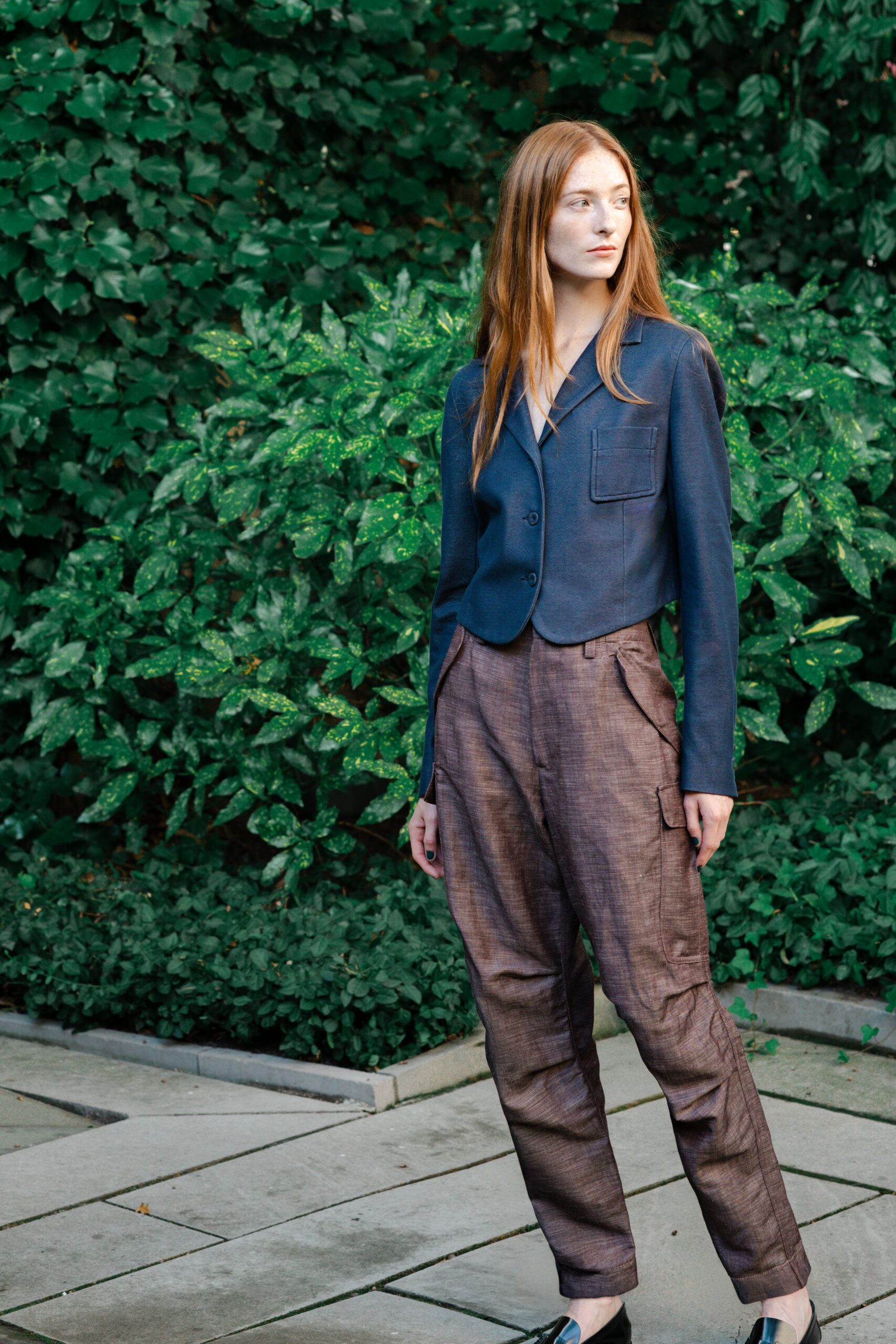 blue tailored blazer with brown cargo pants