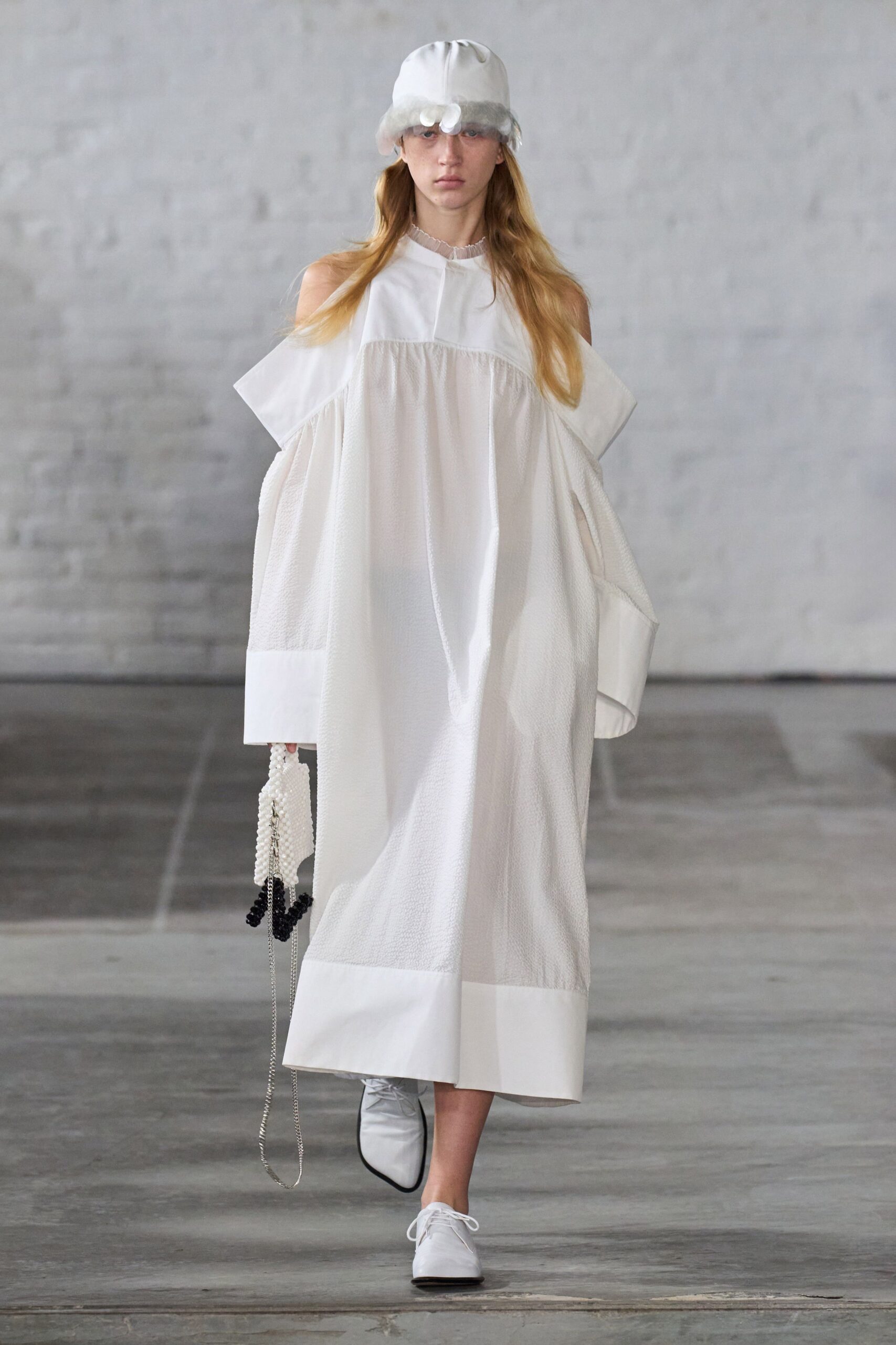 white relaxed midi dress with hat