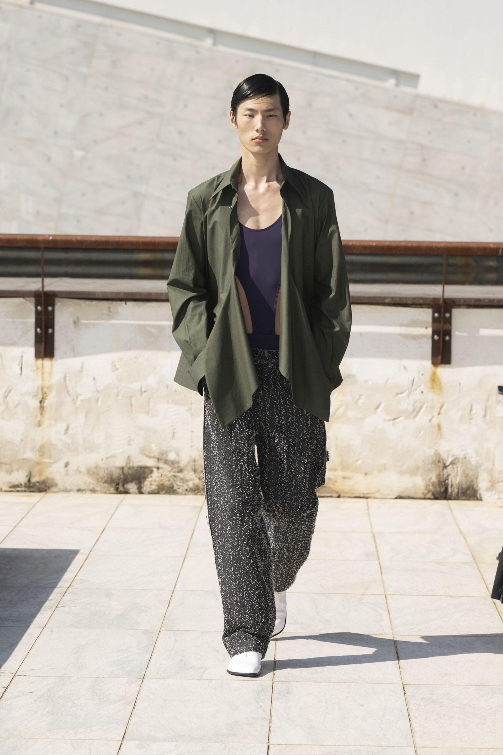 green shirt purple top cargo pants