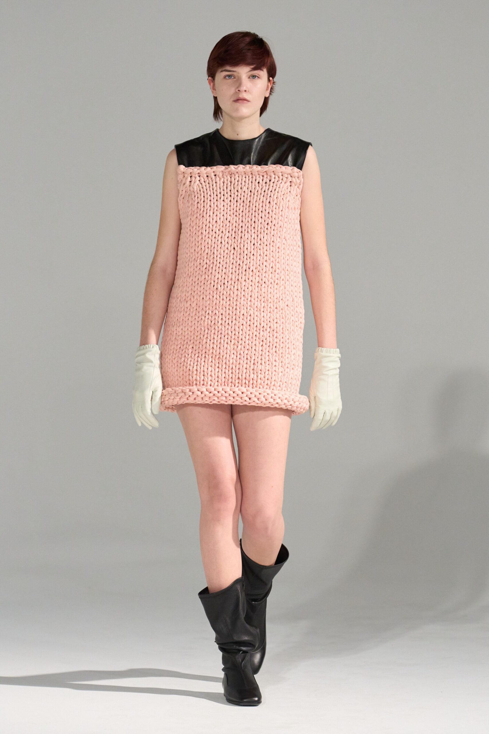 pink wool sleeveless high-neck fitted textured mini dress