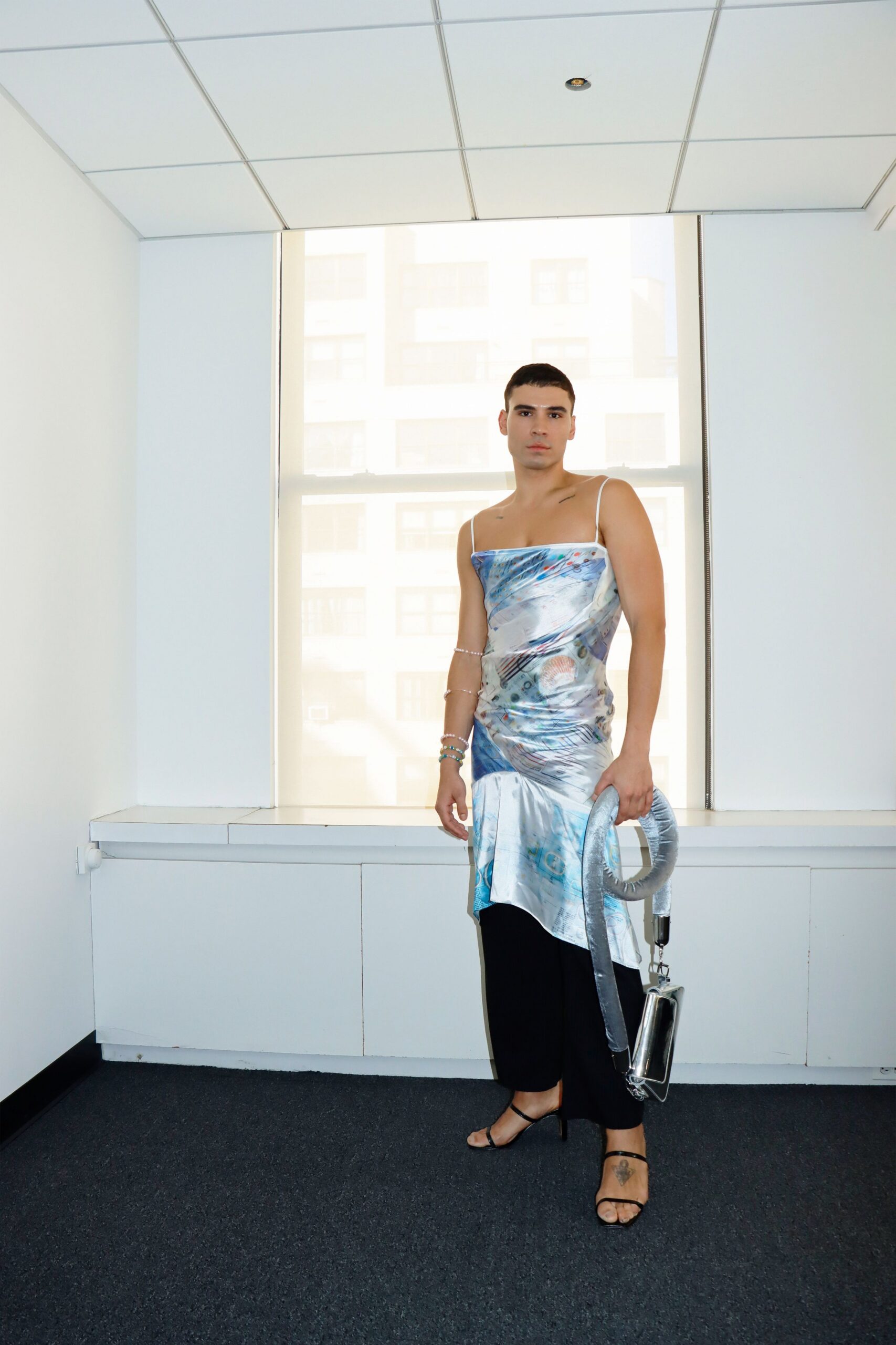 blue silk sleeveless v-neck fitted draped flowing dress
