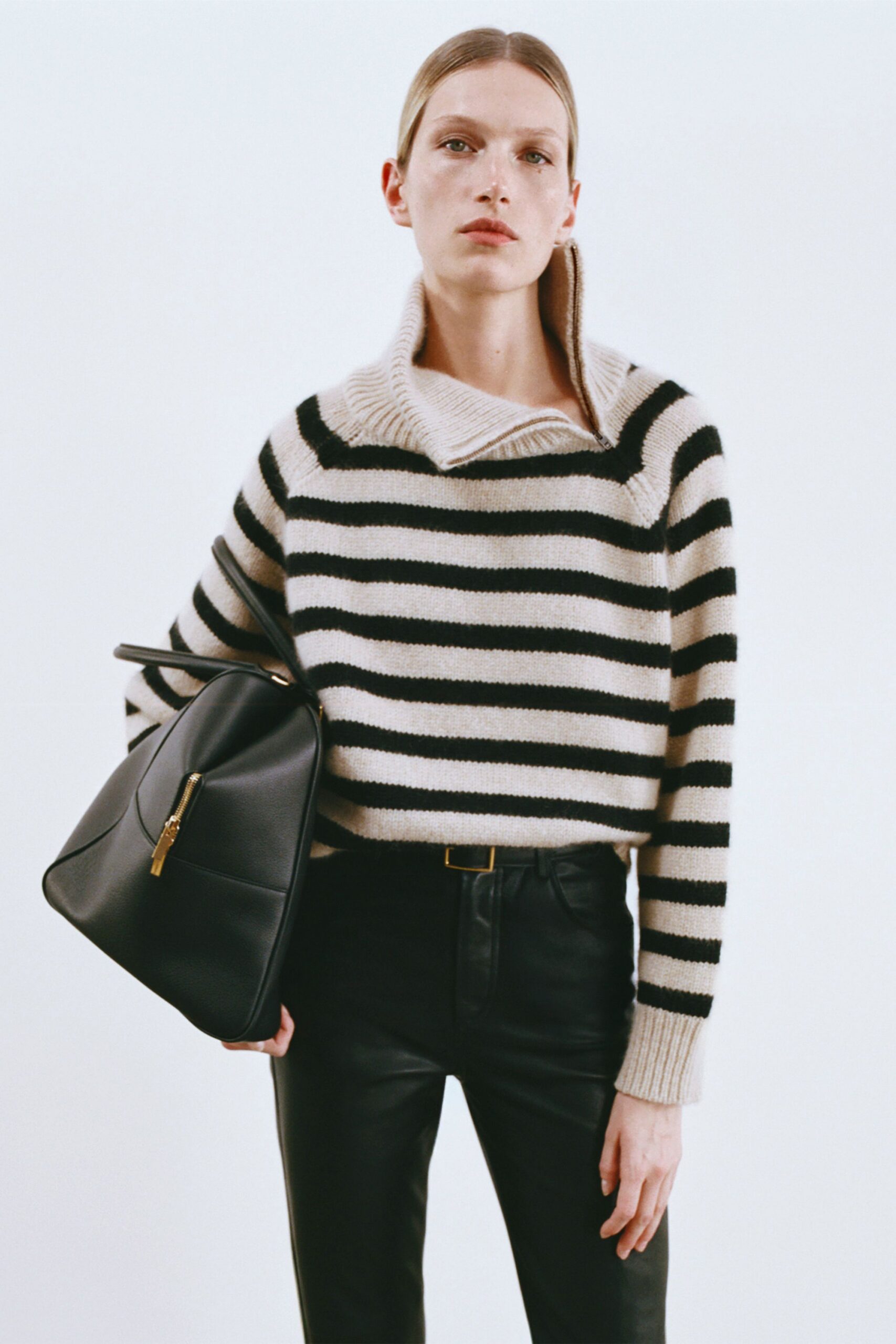 black wool long-sleeve collared fitted striped cropped sweater