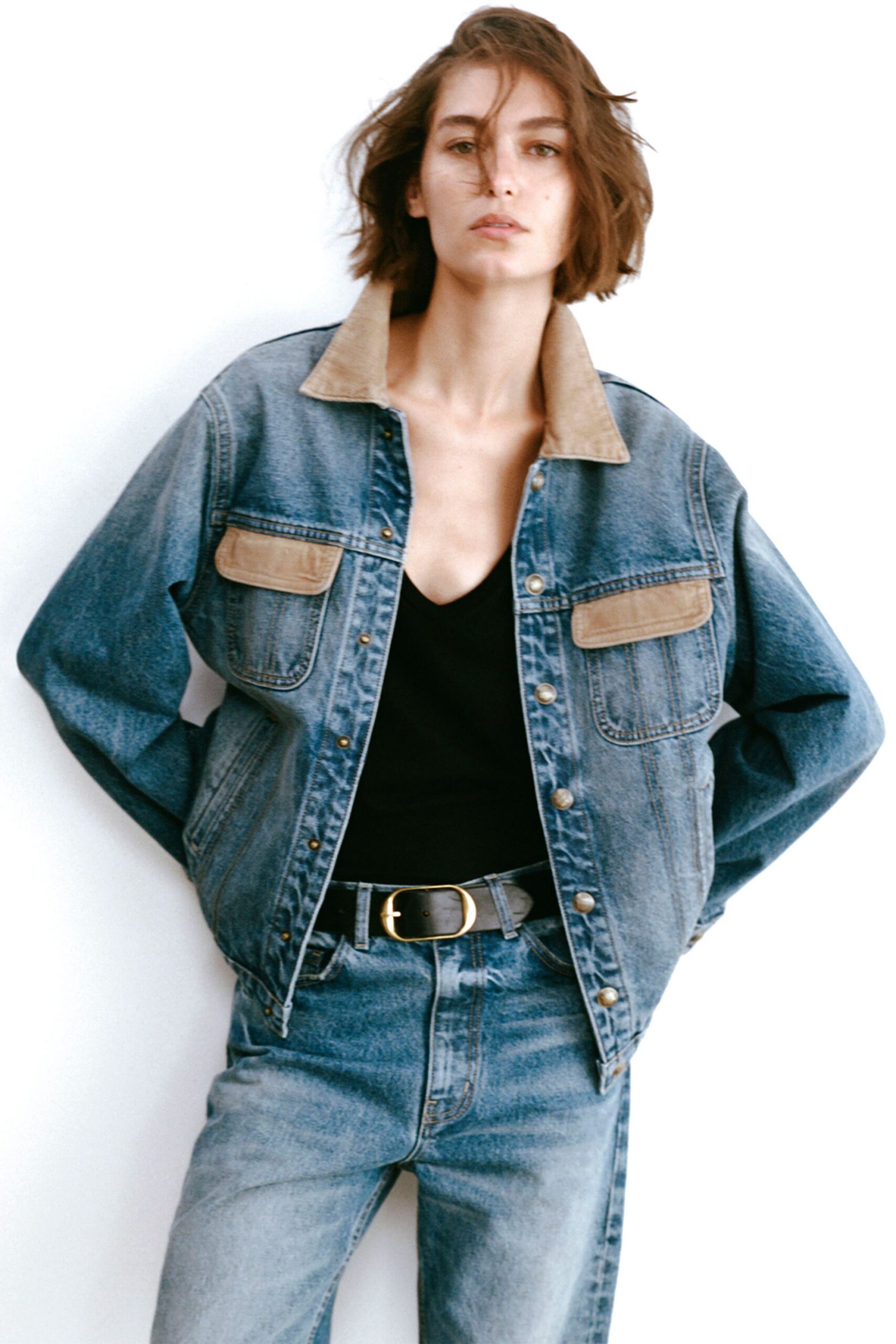 relaxed denim jacket with black top
