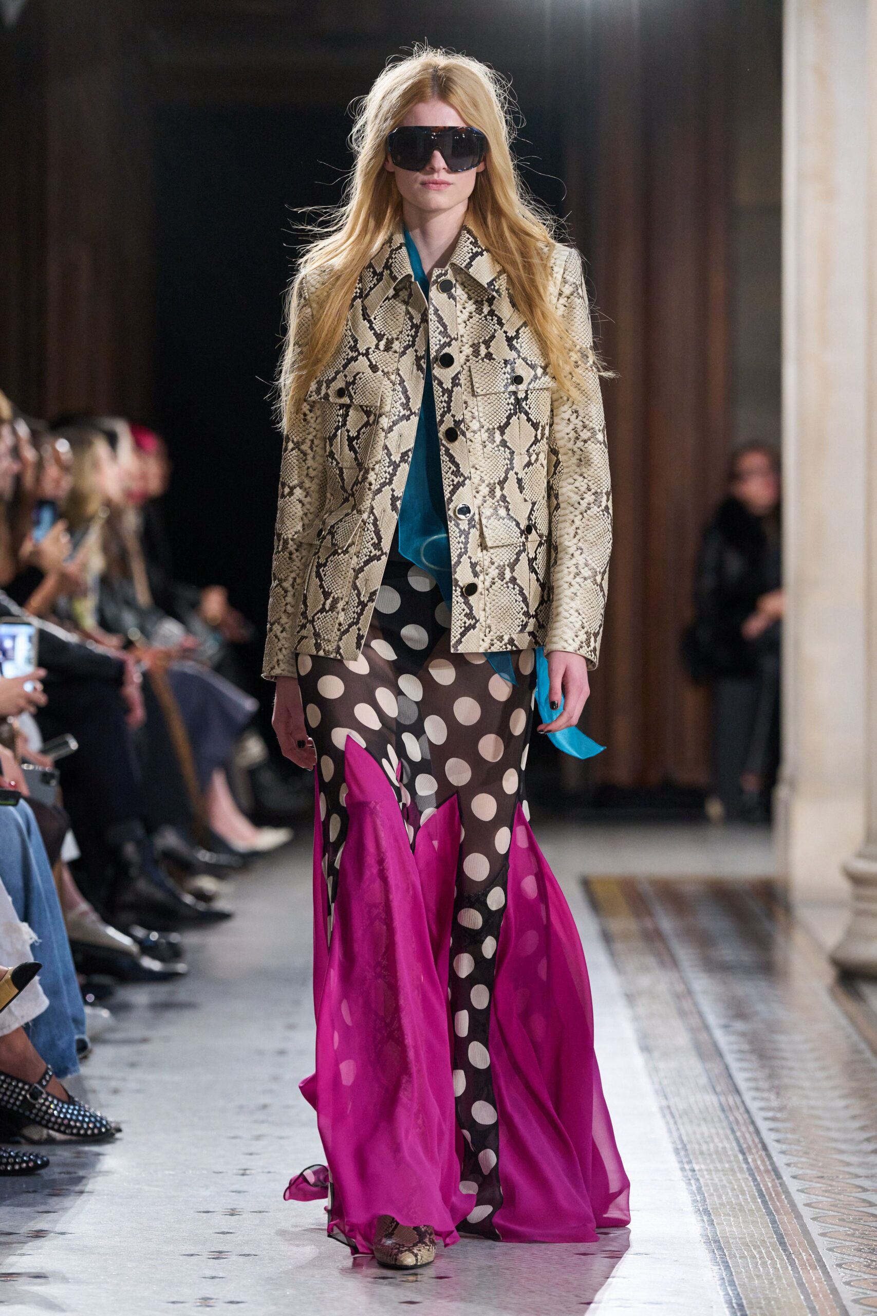 gold silk long-sleeve collared structured printed jacket