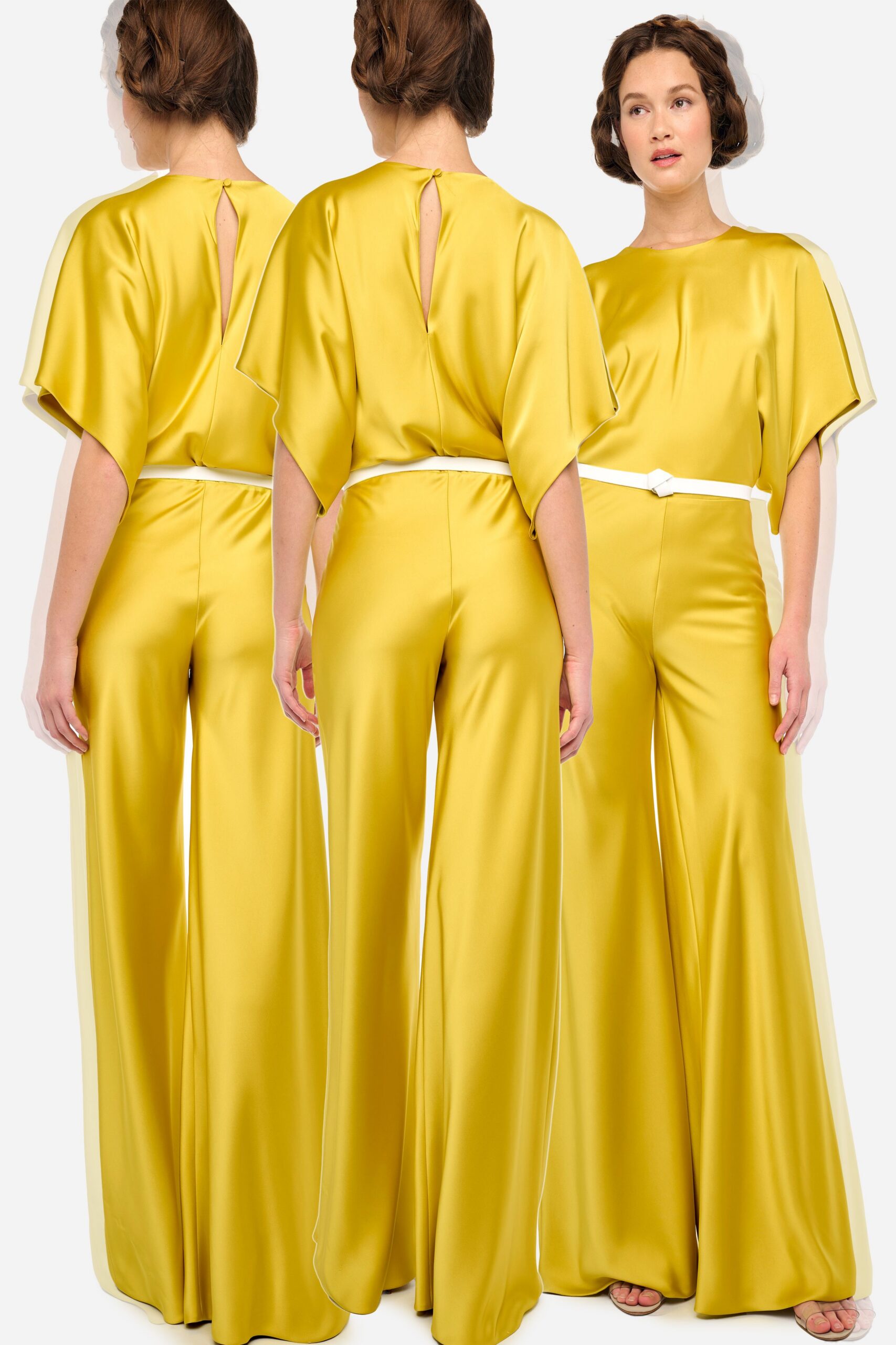yellow satin short-sleeve backless relaxed wide-leg belted jumpsuit