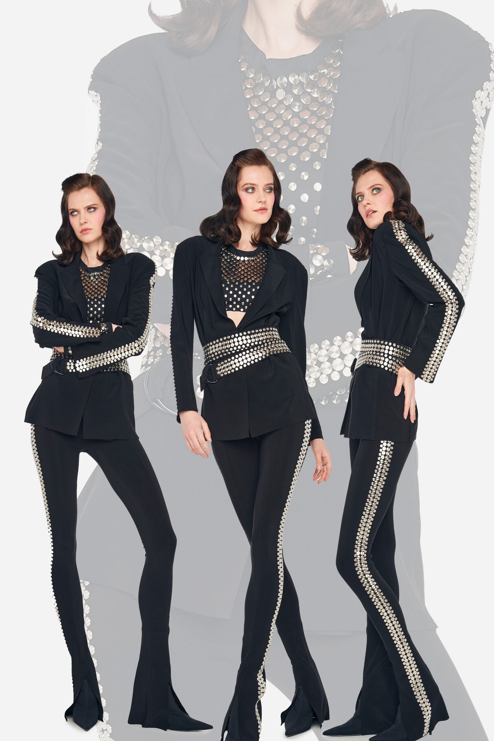 black tailored blazer with embellished pants