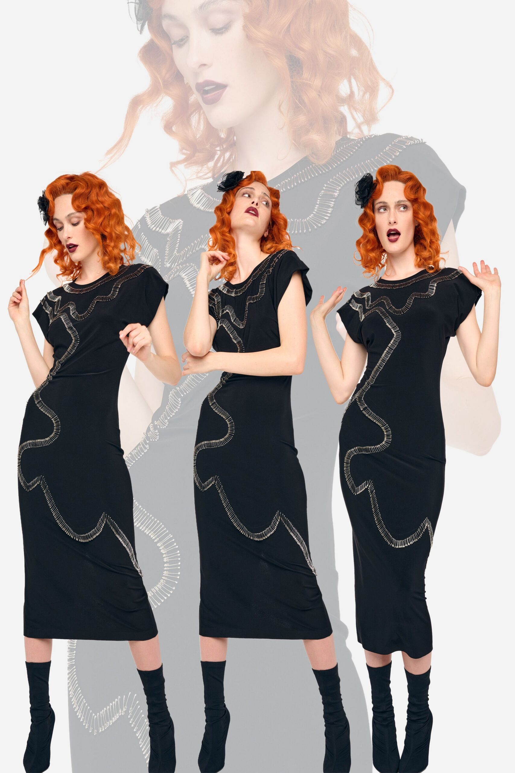 black cotton short-sleeve v-neck fitted embroidered midi dress