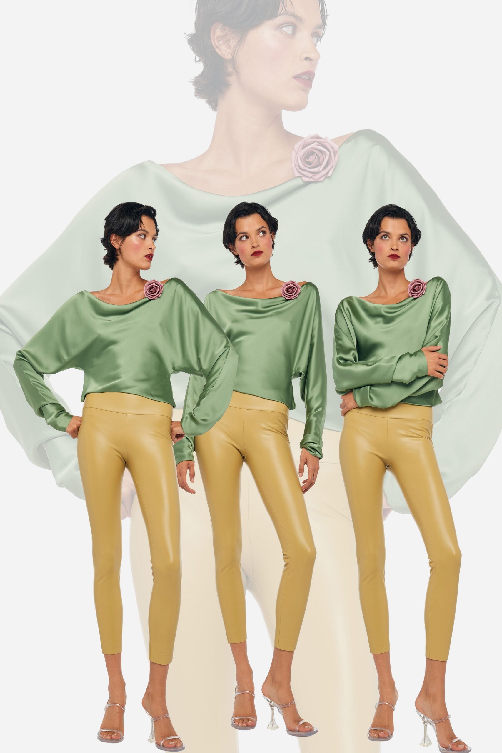 green silk long-sleeve off-shoulder relaxed draped flowing top