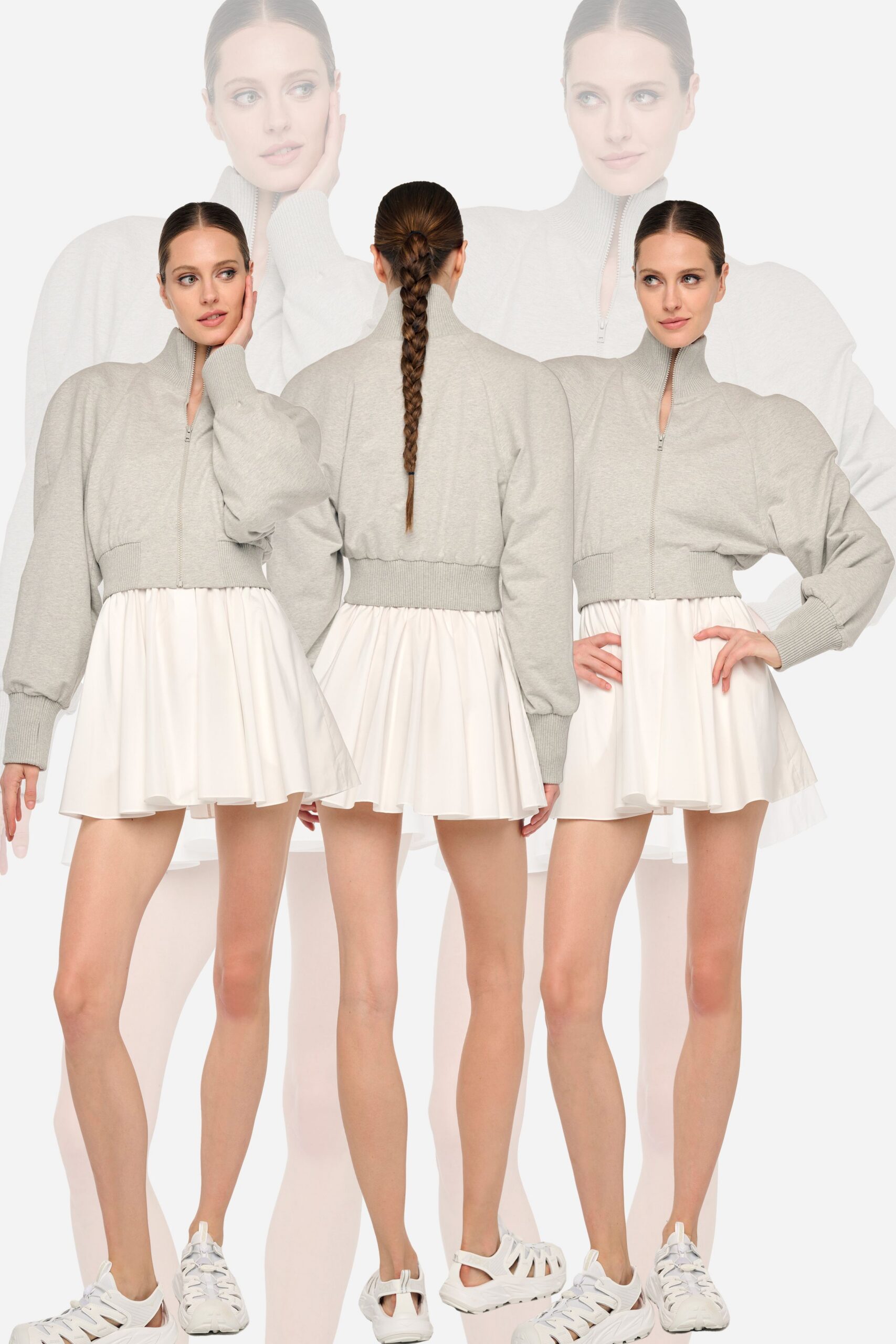 gray fitted jacket white pleated skirt