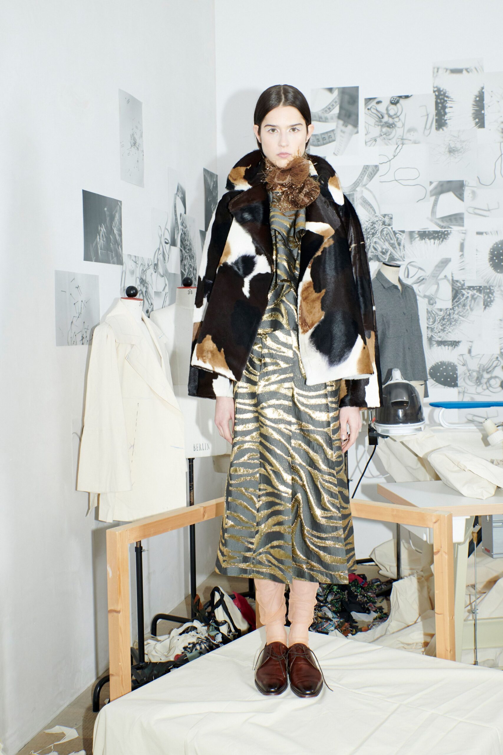 fur coat gold striped dress