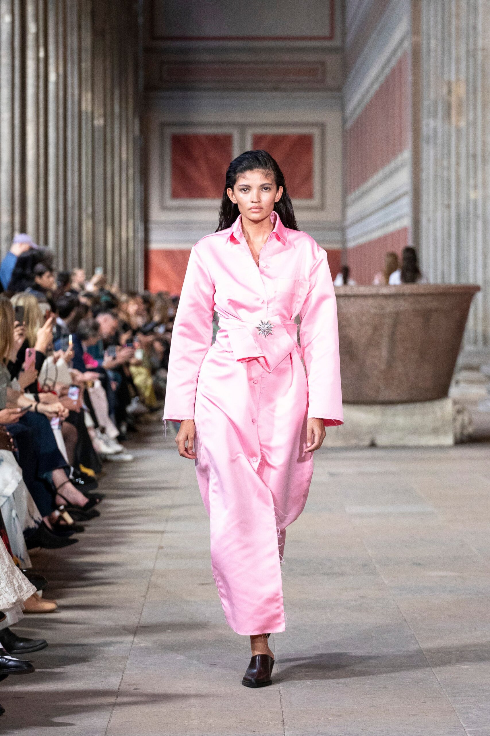 pink silk long-sleeve collared fitted belted shiny shirt-dress