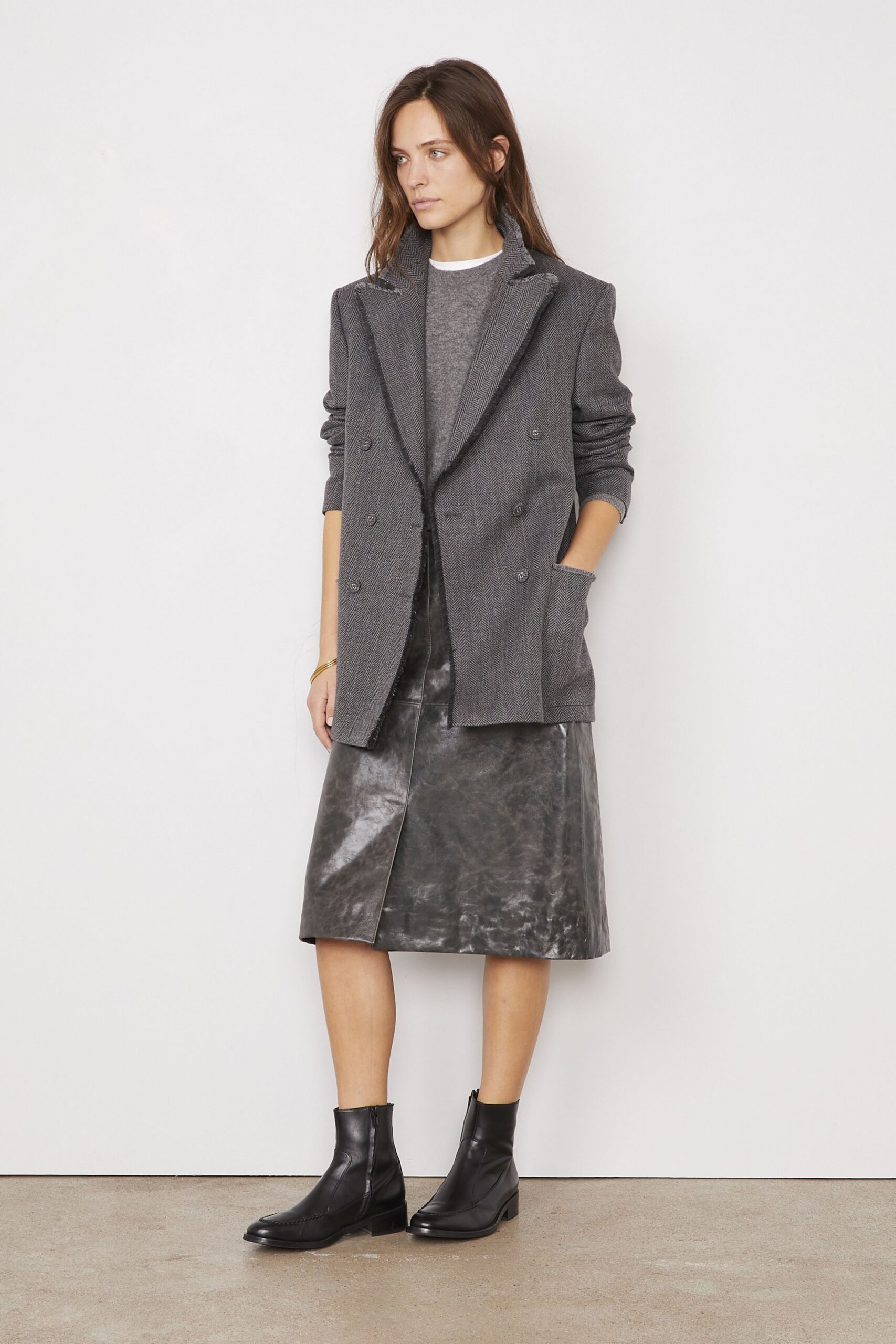 gray tailored blazer with leather skirt