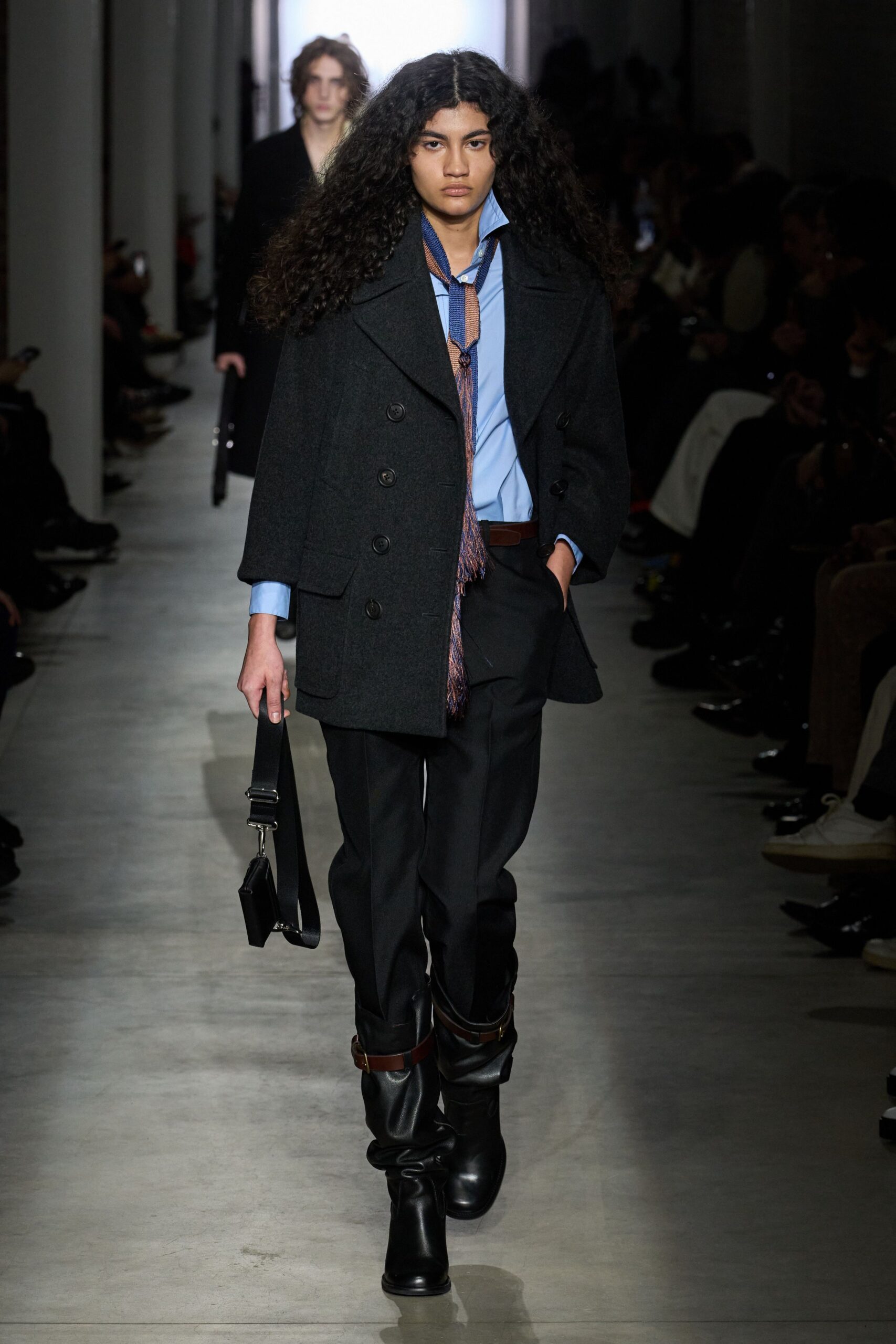 black wool coat with blue shirt