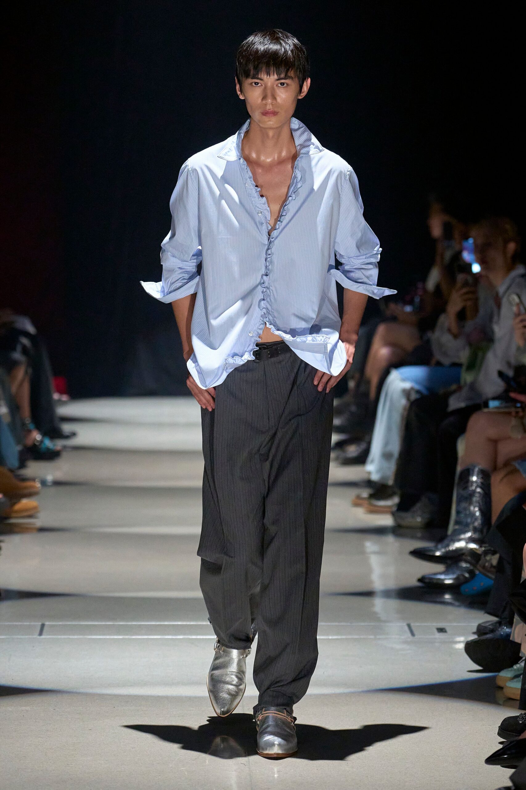 blue relaxed shirt gray tailored pants