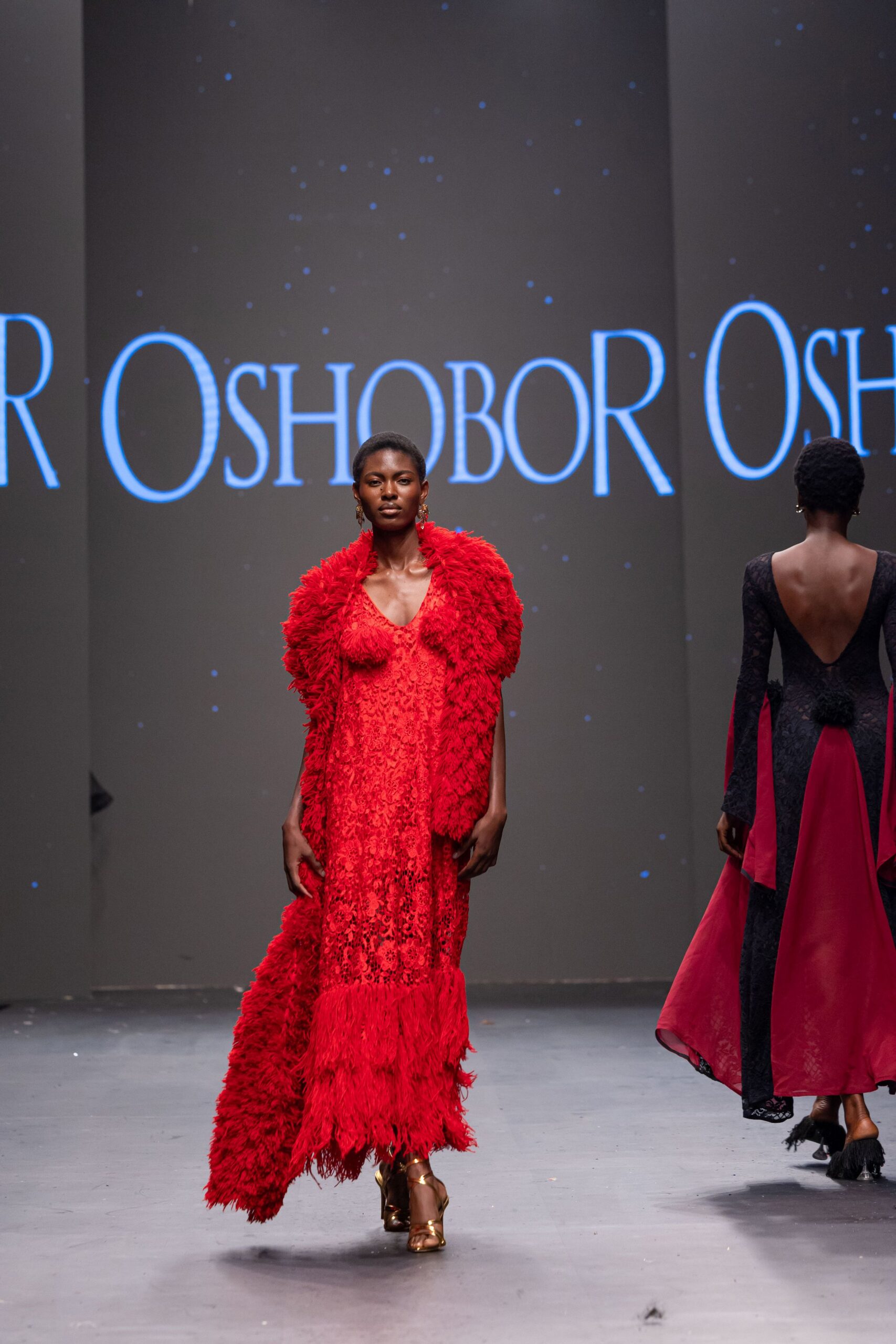 red fringed lace gown