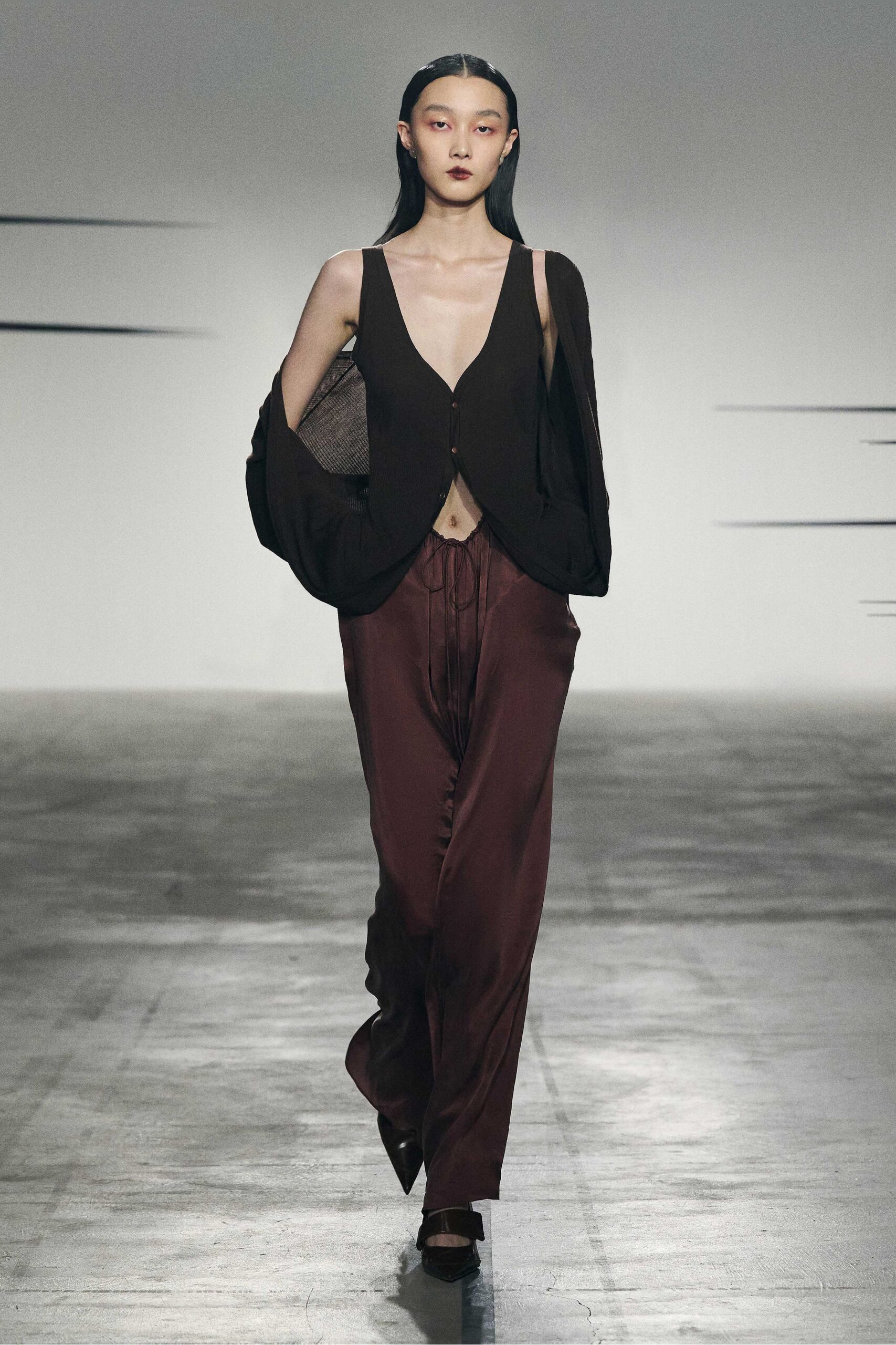 brown silk fitted straight-leg pants