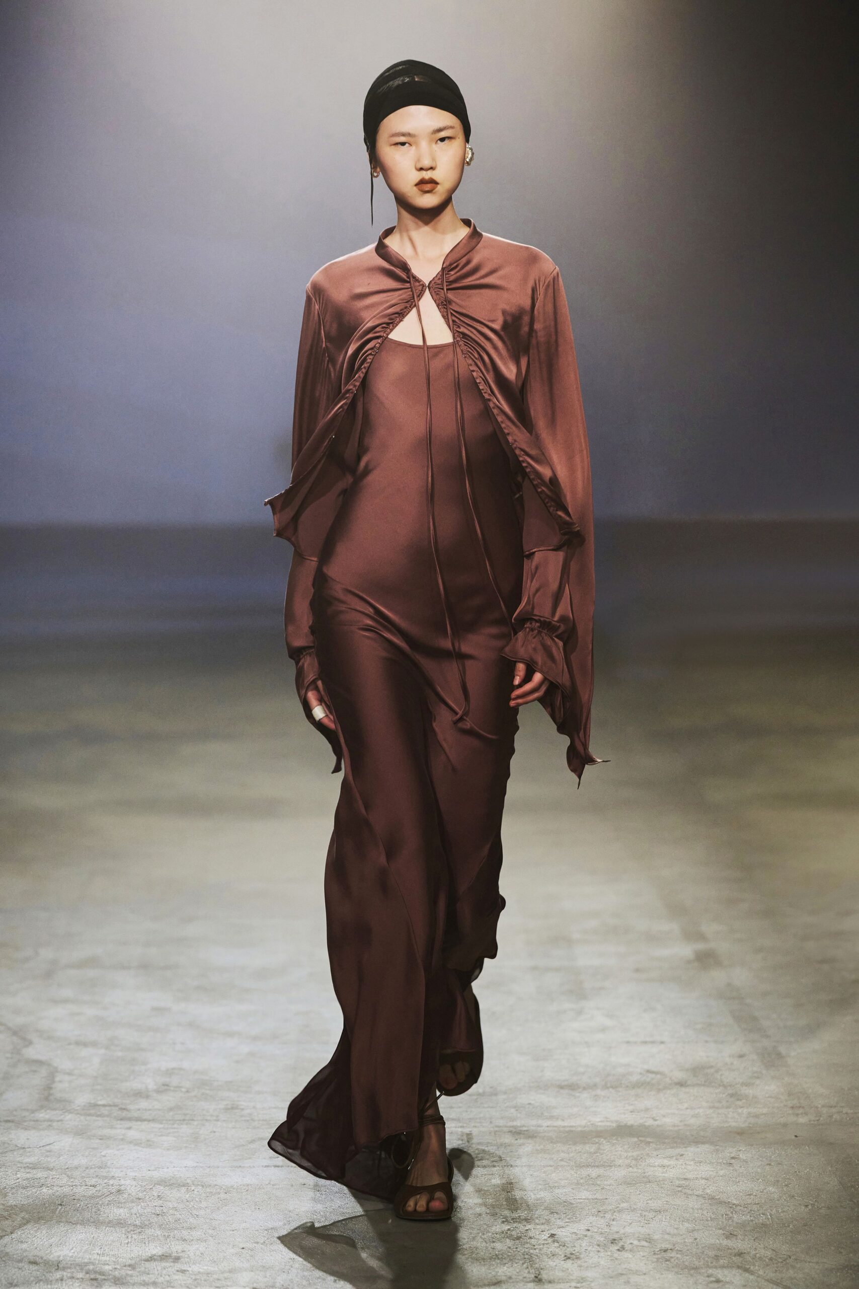 brown silk long-sleeve v-neck fitted draped flowing gown