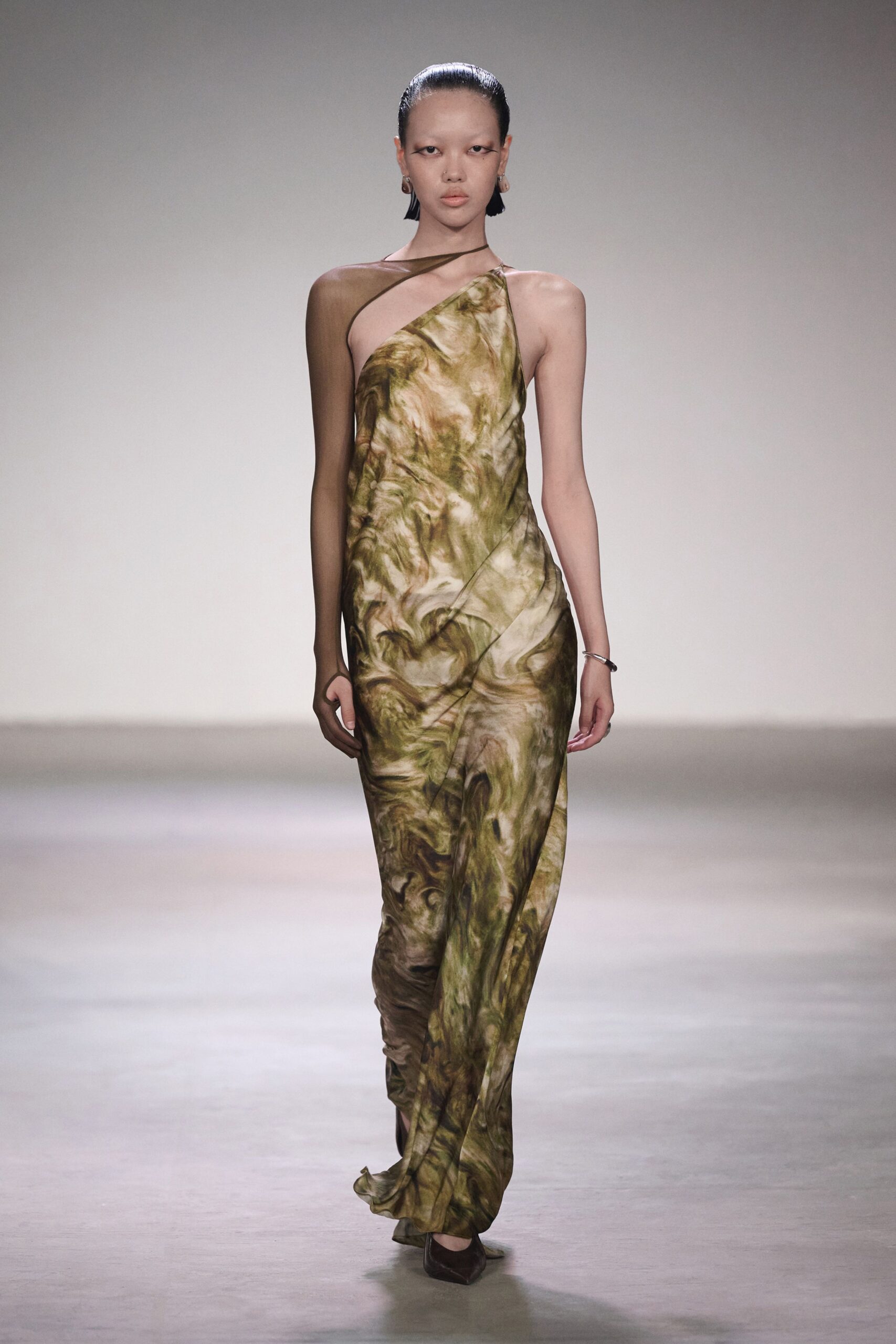 green silk sleeveless asymmetric fitted draped flowing gown