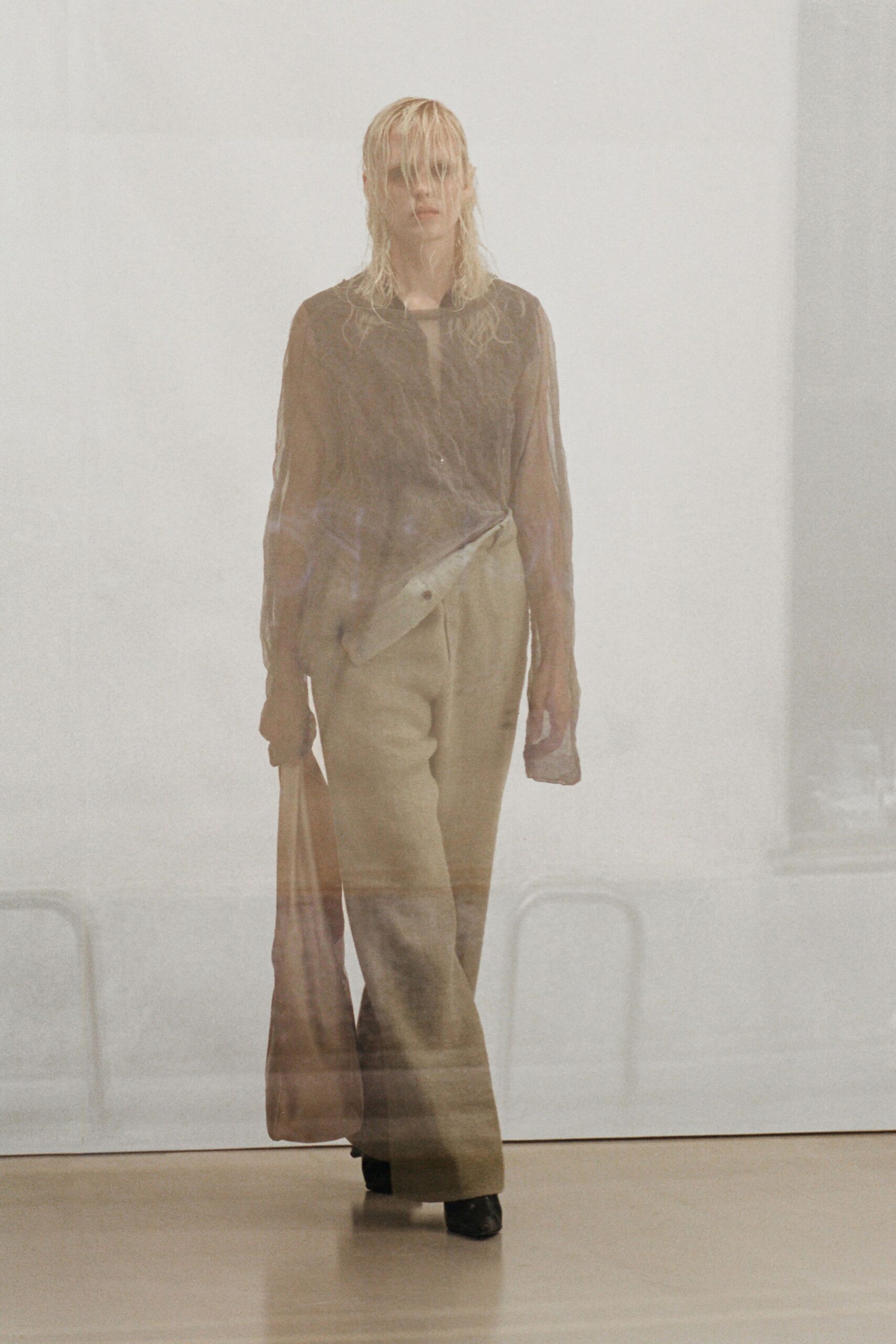 brown silk long-sleeve collared relaxed sheer flowing shirt