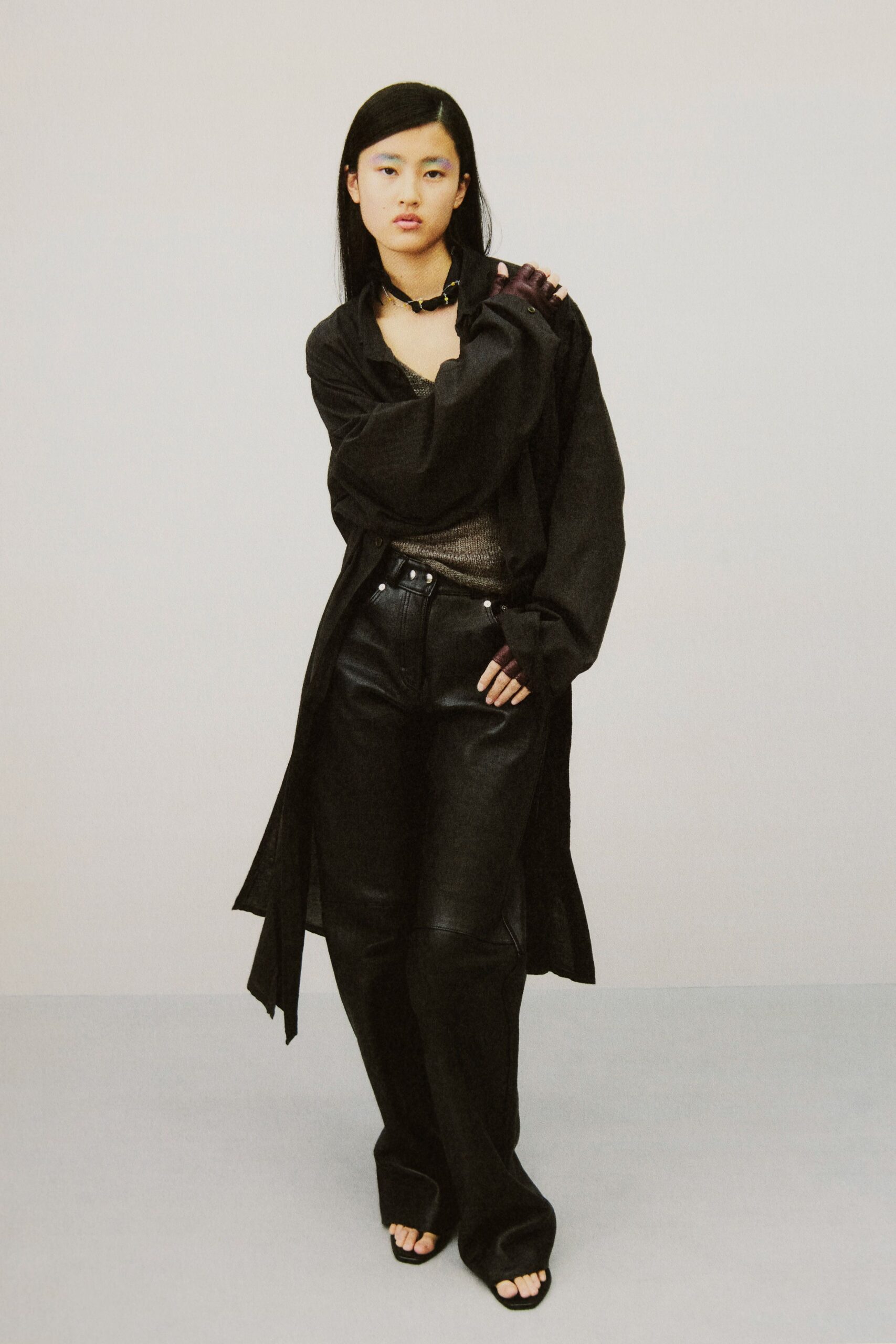 black relaxed shirt with fitted top and pants